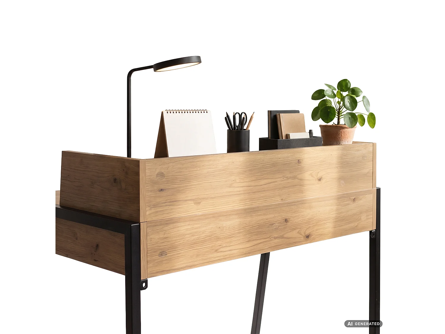 Escritorio industrial para ordenador Roble Artisan FLUX 78 cm 2 cajones 1 estante patas negras