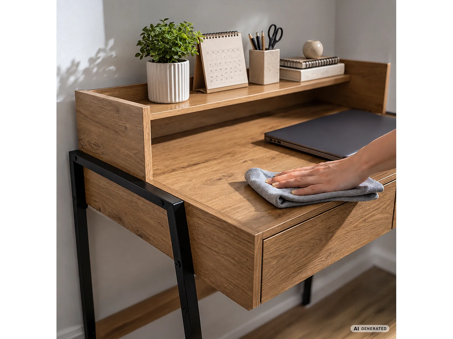 Escritorio industrial para ordenador Roble Artisan FLUX 78 cm 2 cajones 1 estante patas negras
