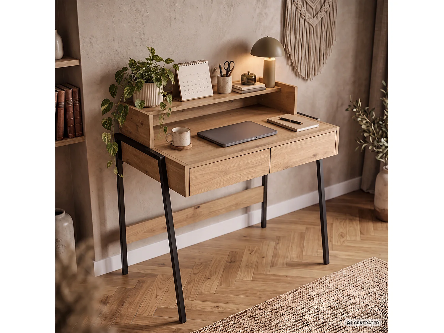 Escritorio industrial para ordenador Roble Artisan FLUX 78 cm 2 cajones 1 estante patas negras