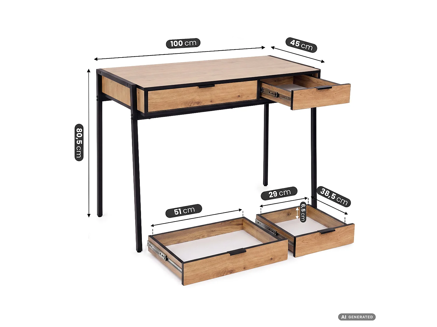 Bureau informatique style industriel Chêne Craft ZENTIA 100 cm 2 tiroirs pieds noirs