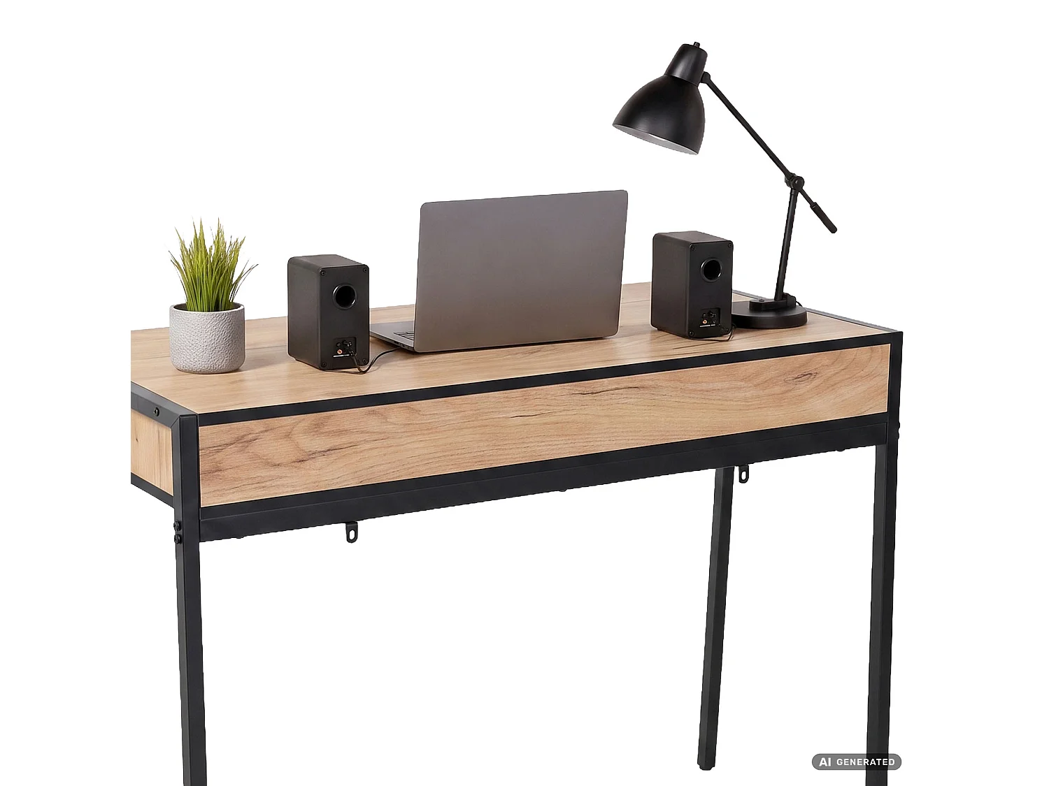 Bureau informatique style industriel Chêne Craft ZENTIA 100 cm 2 tiroirs pieds noirs
