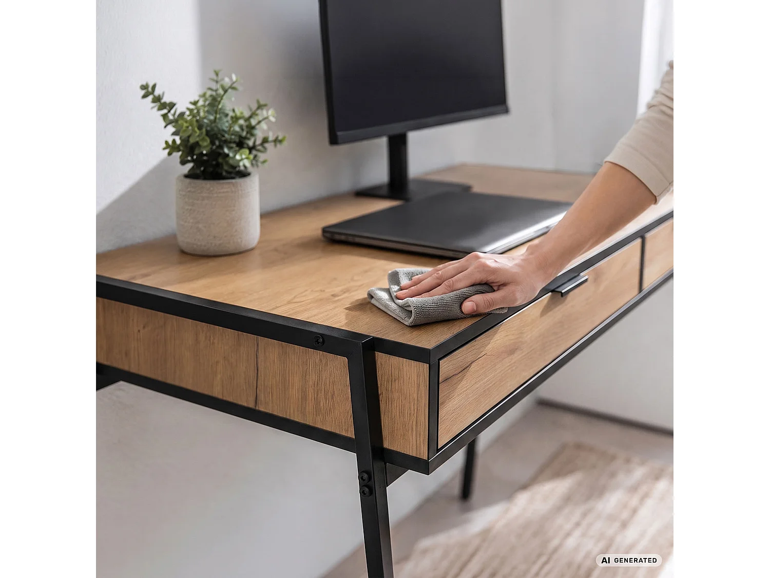 Bureau informatique style industriel Chêne Craft ZENTIA 100 cm 2 tiroirs pieds noirs