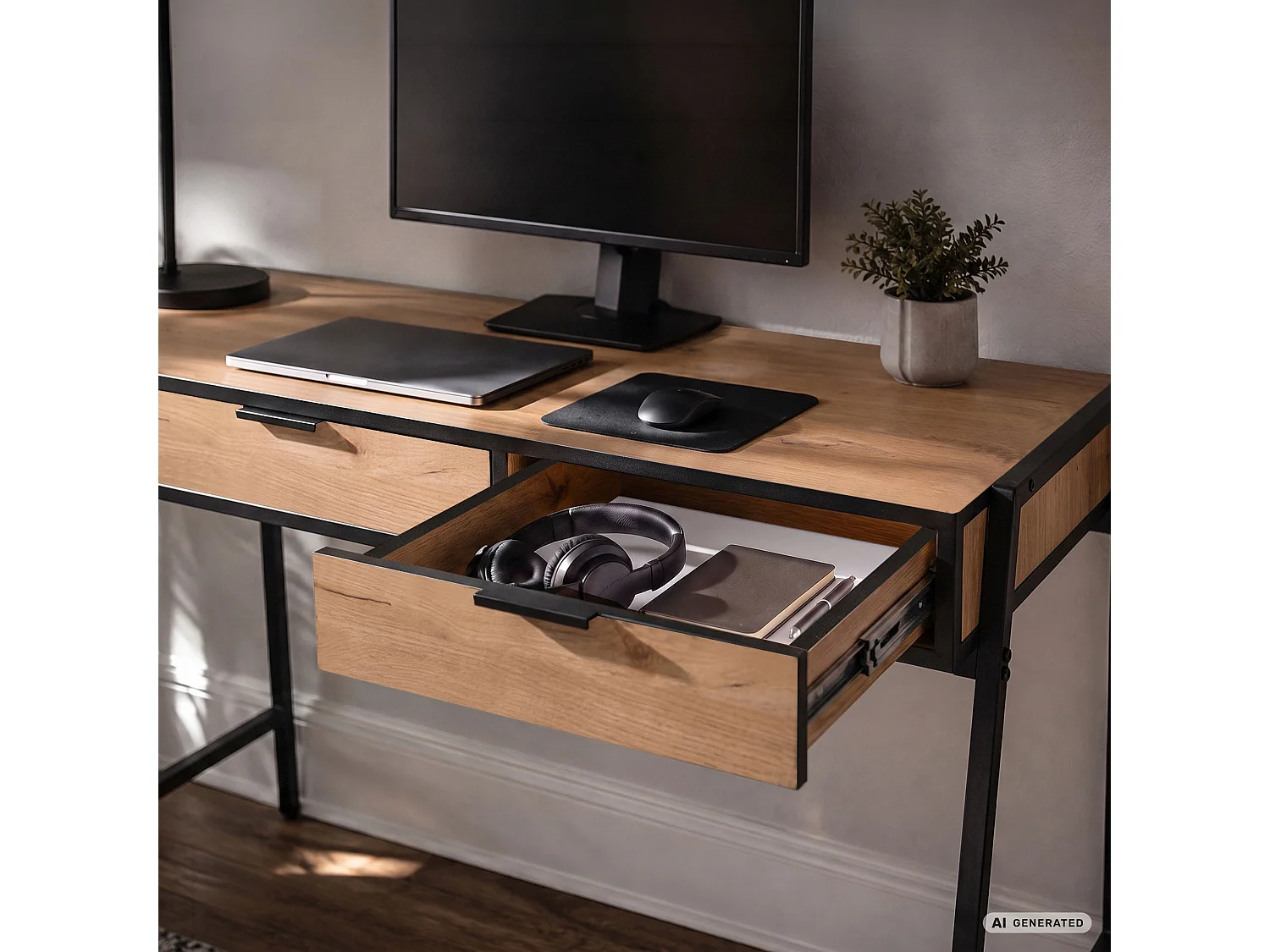 Bureau informatique style industriel Chêne Craft ZENTIA 100 cm 2 tiroirs pieds noirs