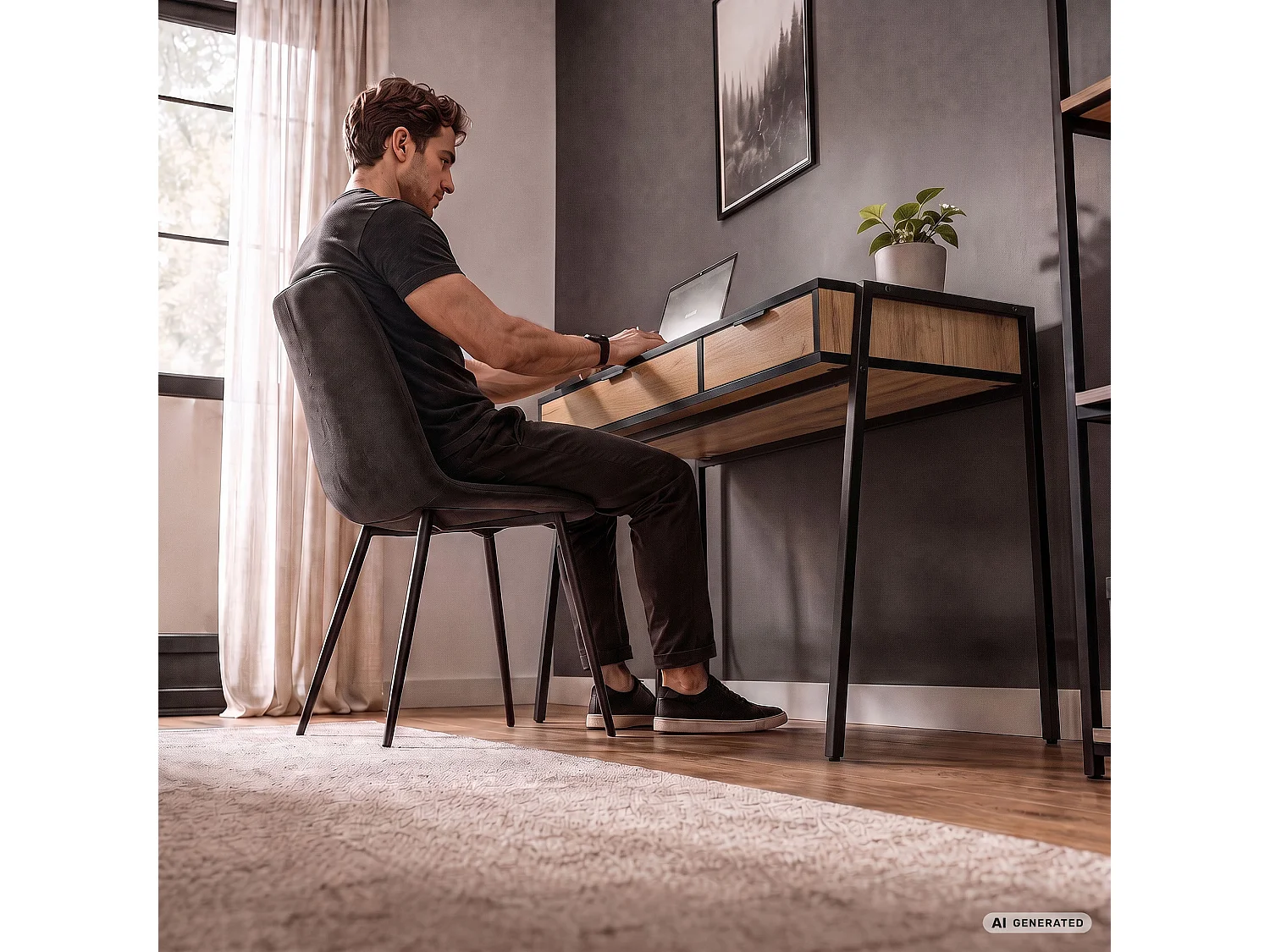 Bureau informatique style industriel Chêne Craft ZENTIA 100 cm 2 tiroirs pieds noirs