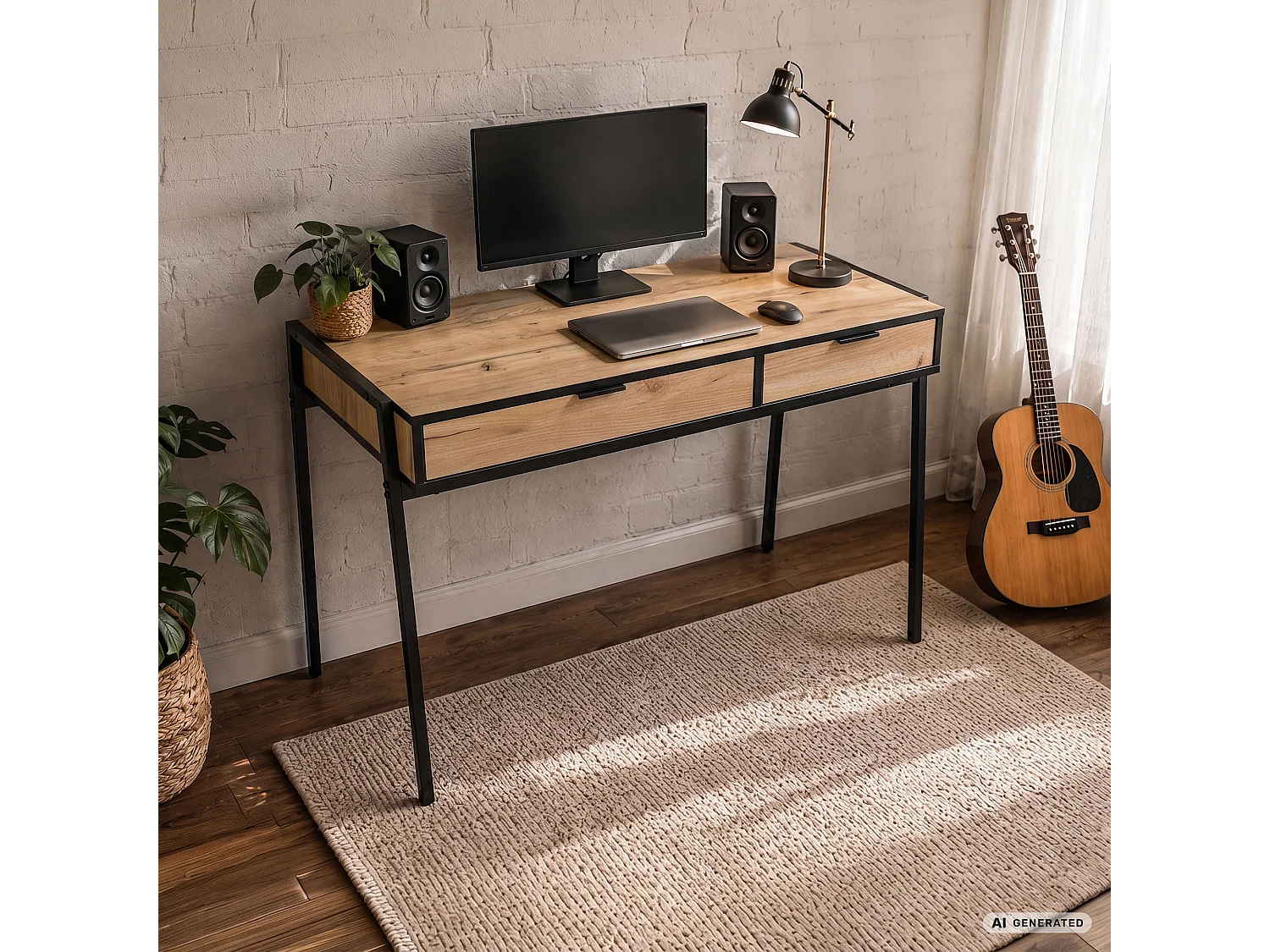 Bureau informatique style industriel Chêne Craft ZENTIA 100 cm 2 tiroirs pieds noirs