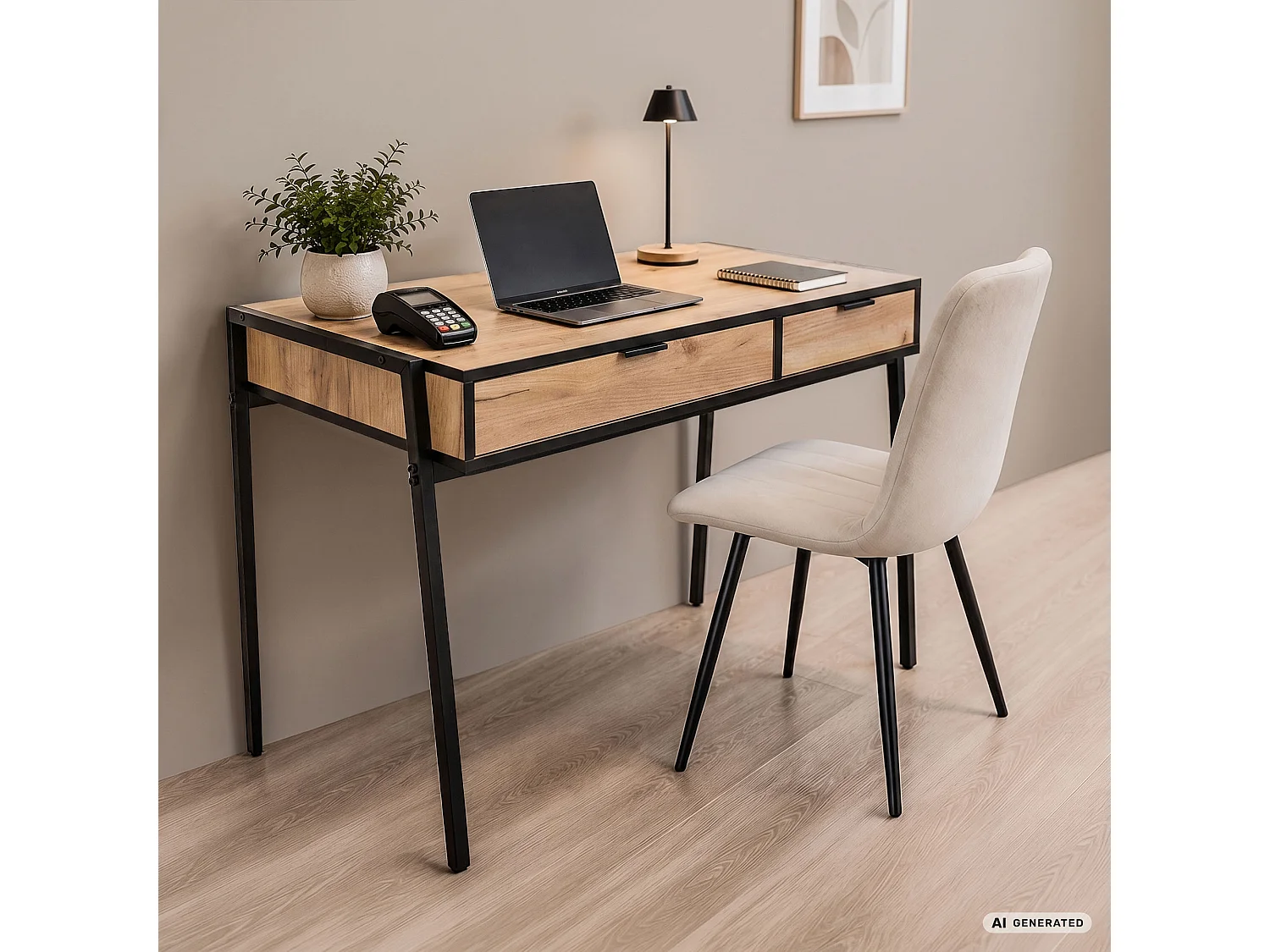 Bureau informatique style industriel Chêne Craft ZENTIA 100 cm 2 tiroirs pieds noirs