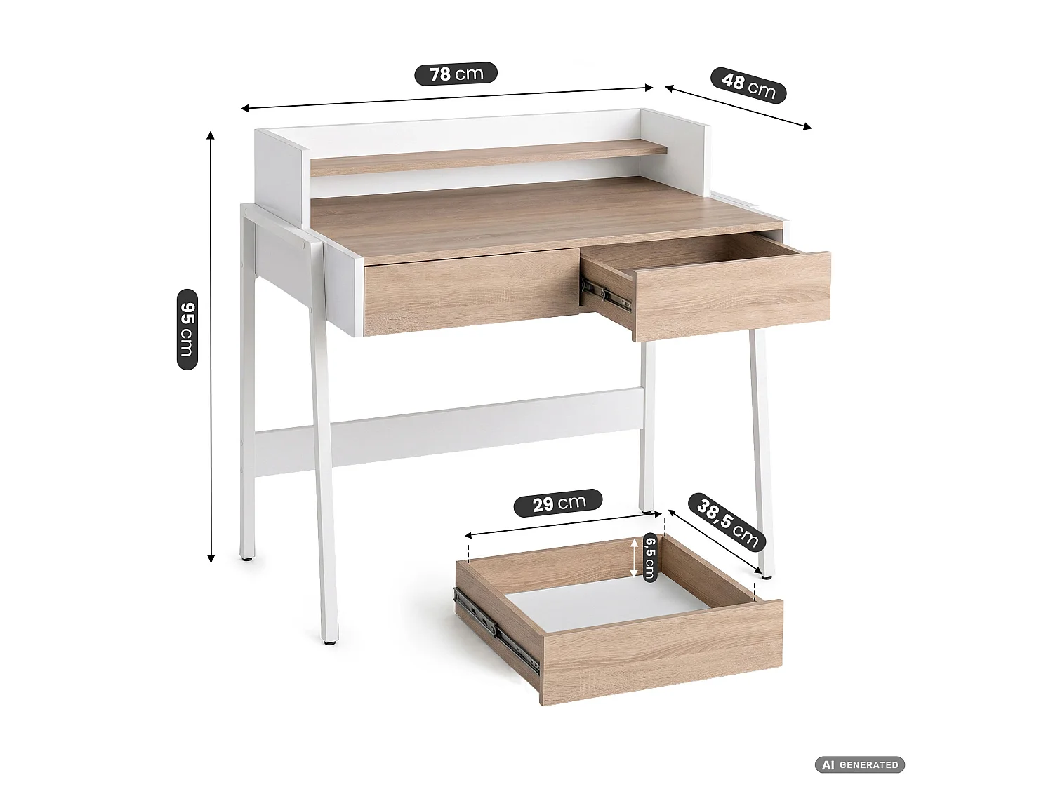 Industrieel computerbureau Sonoma eiken FLUX 78 cm 2 lades 1 plank Witte poten