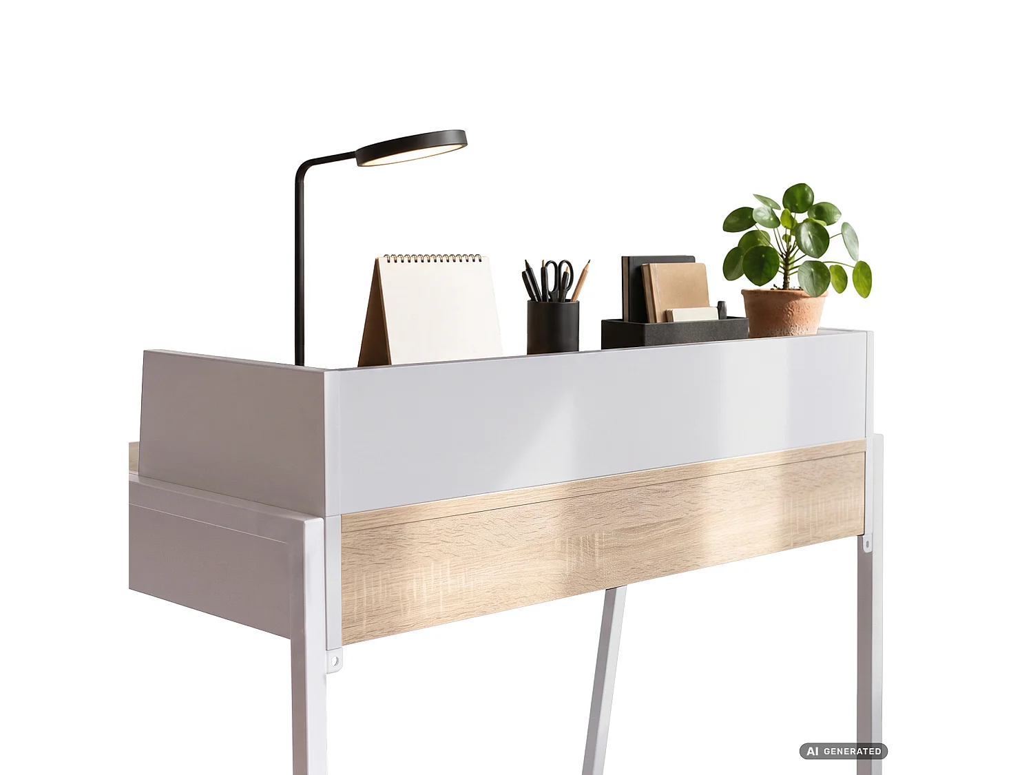 Escritorio industrial para ordenador Roble Sonoma FLUX 78 cm 2 cajones 1 estante patas blancas