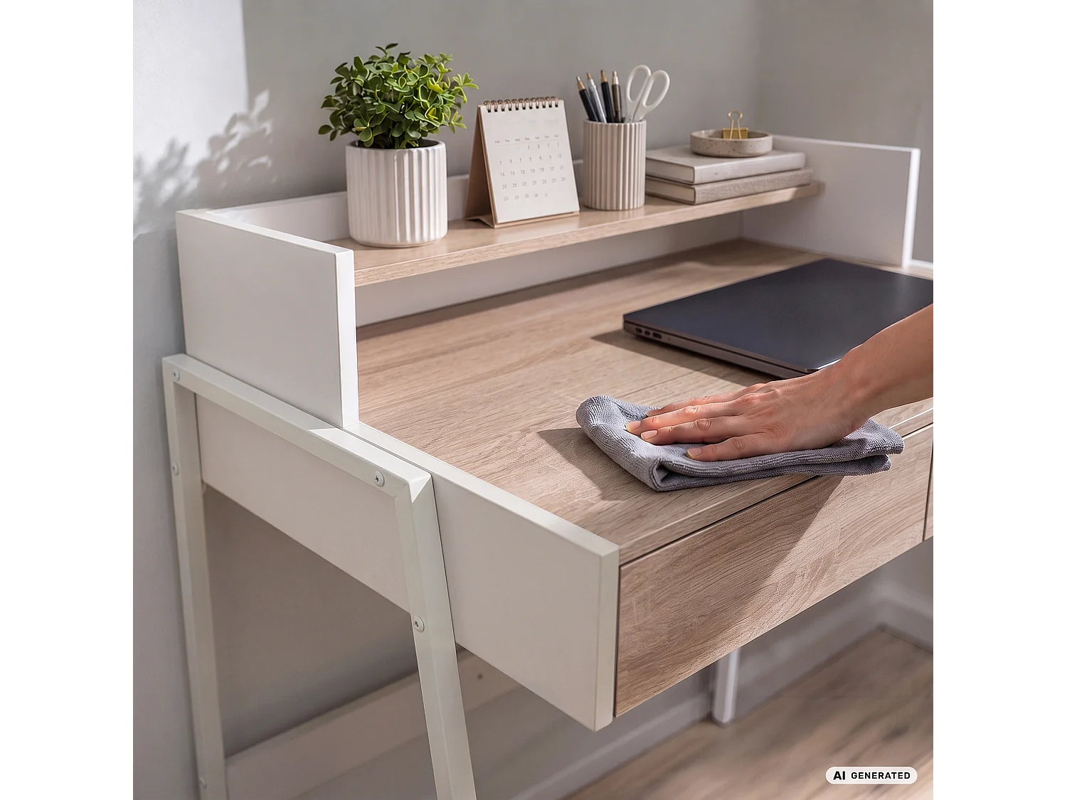 Escritorio industrial para ordenador Roble Sonoma FLUX 78 cm 2 cajones 1 estante patas blancas