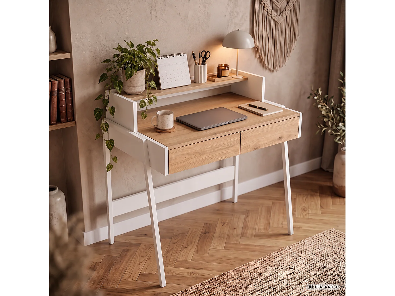 Escritorio industrial para ordenador Roble Sonoma FLUX 78 cm 2 cajones 1 estante patas blancas