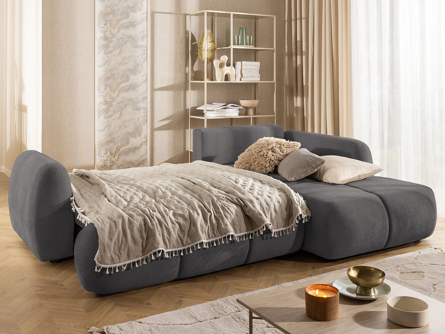 Canapé d’angle avec fonction couchage en tissu tissé LORETTO