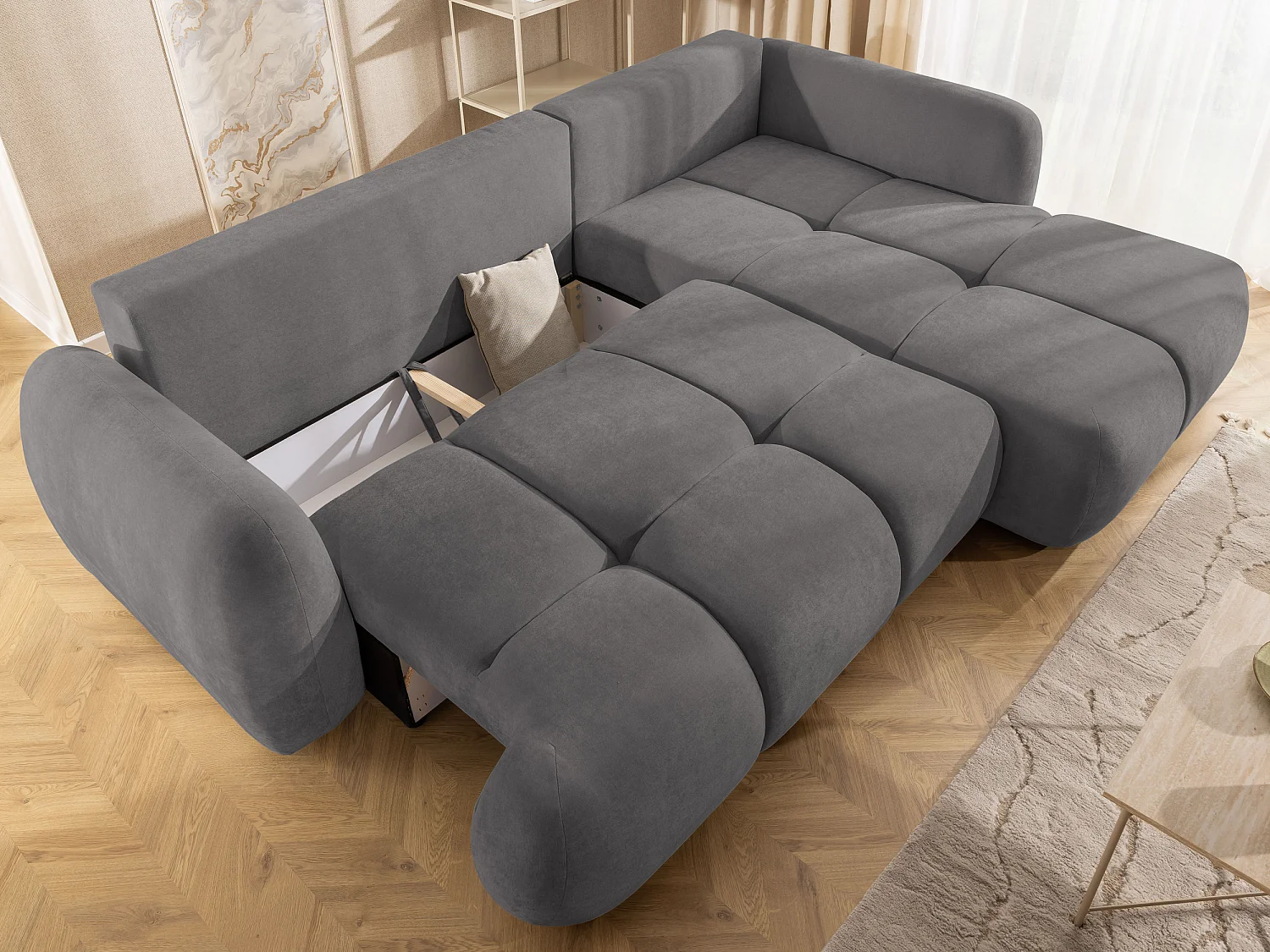 Canapé d’angle avec fonction couchage en tissu tissé LORETTO
