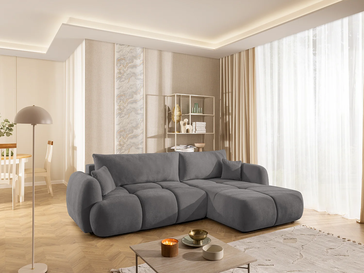 Canapé d’angle avec fonction couchage en tissu tissé LORETTO