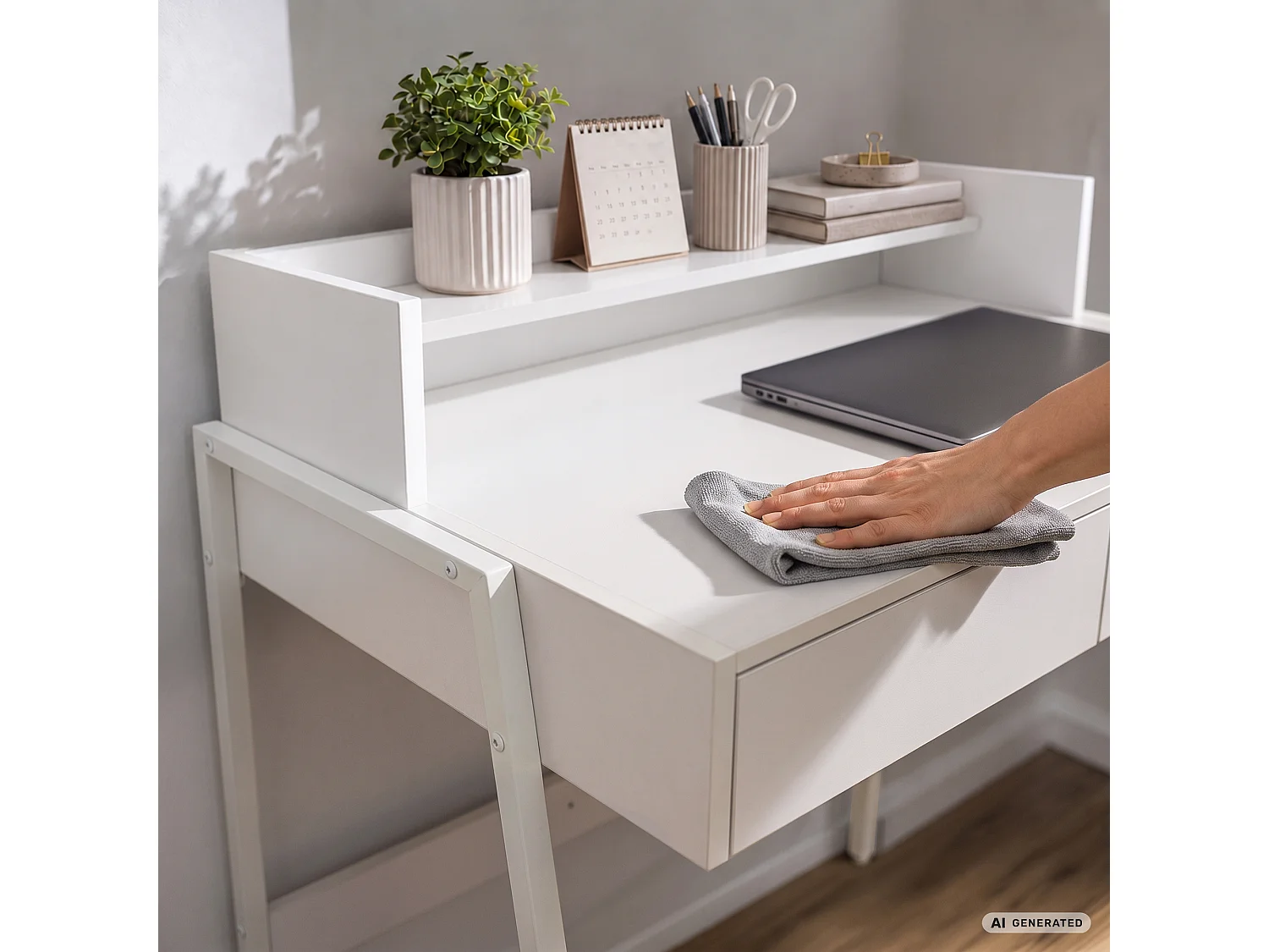 Escritorio industrial para ordenador Blanco FLUX 78 cm 2 cajones 1 estante patas blancas