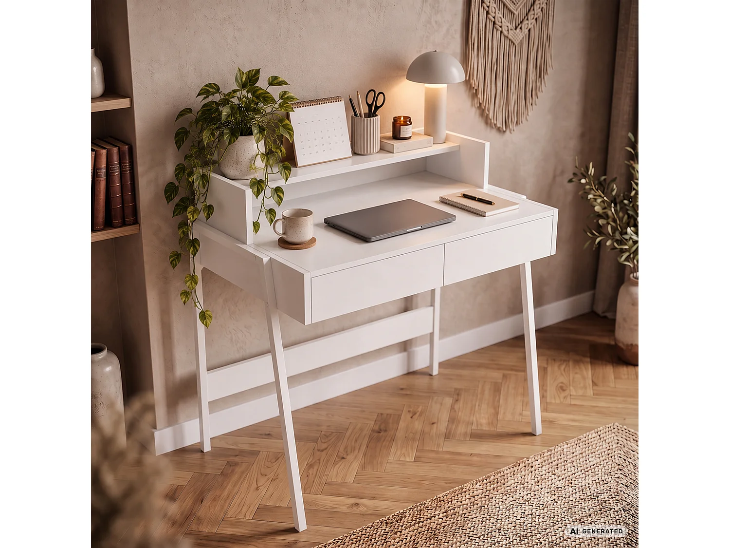 Escritorio industrial para ordenador Blanco FLUX 78 cm 2 cajones 1 estante patas blancas
