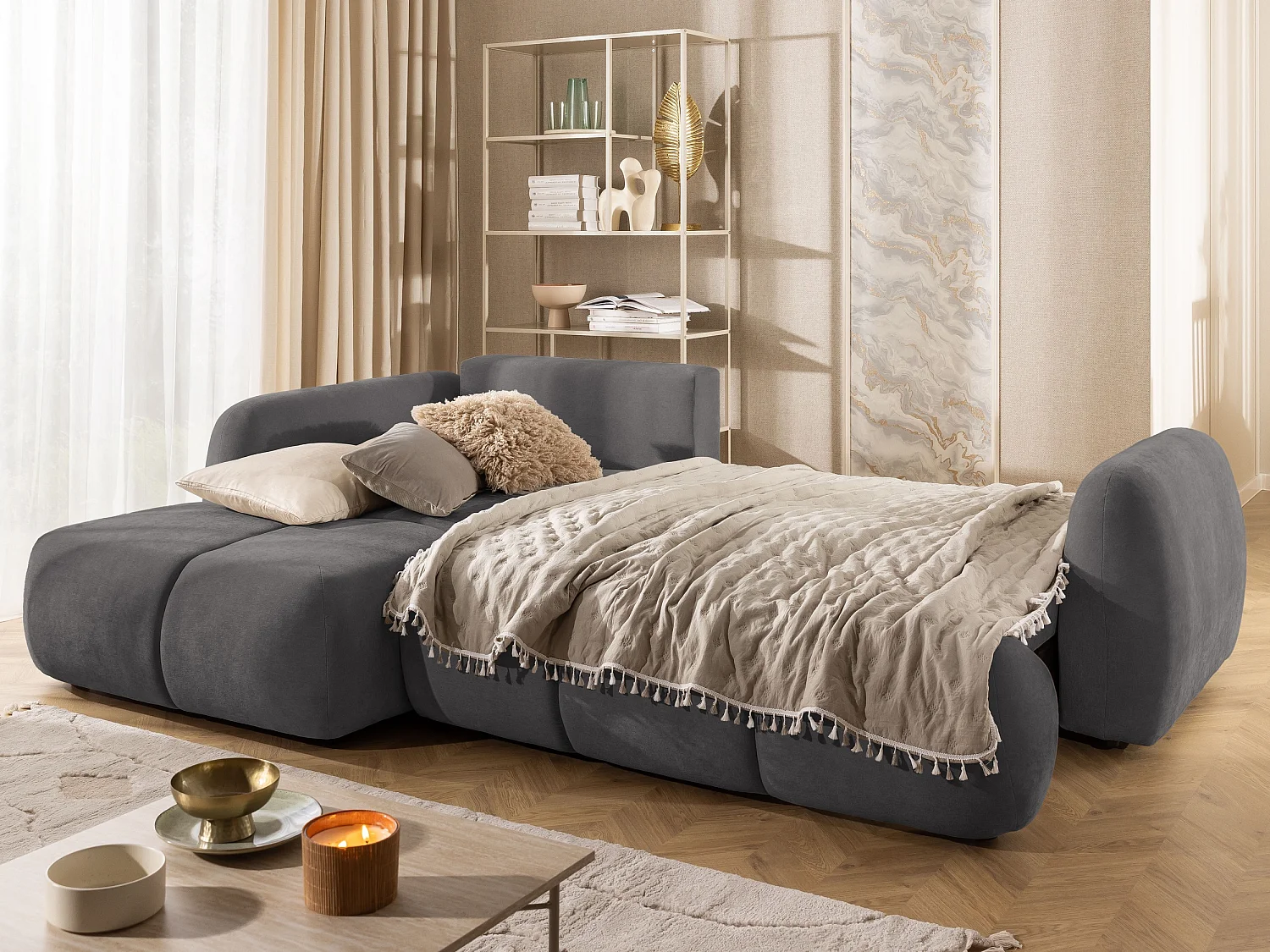 Canapé d’angle avec fonction couchage en tissu tissé LORETTO