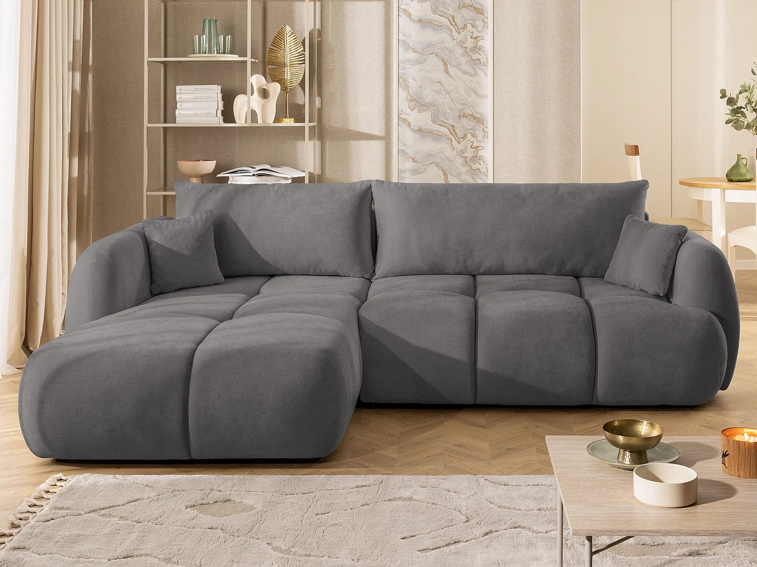 Canapé d’angle avec fonction couchage en tissu tissé LORETTO