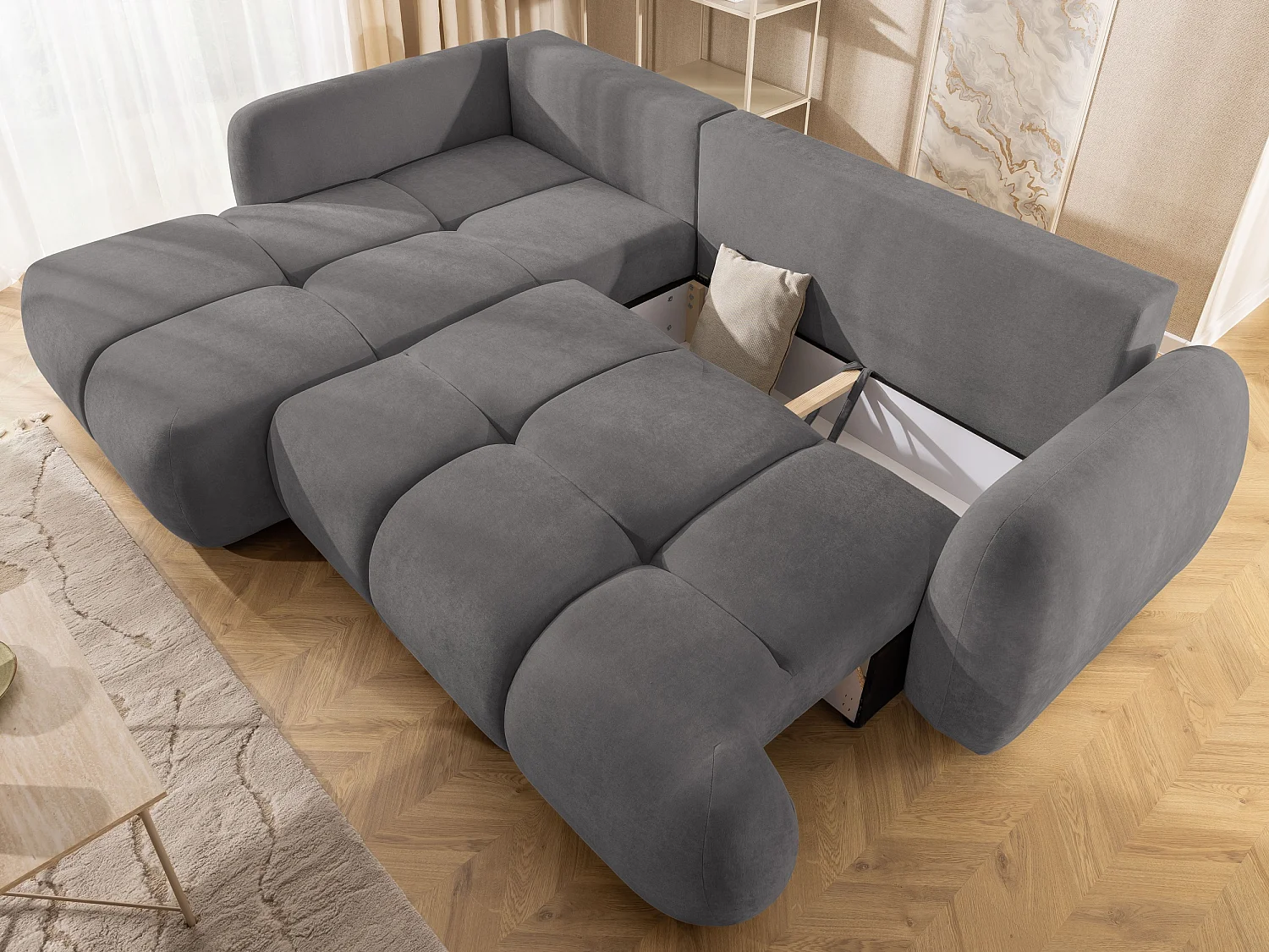 Canapé d’angle avec fonction couchage en tissu tissé LORETTO