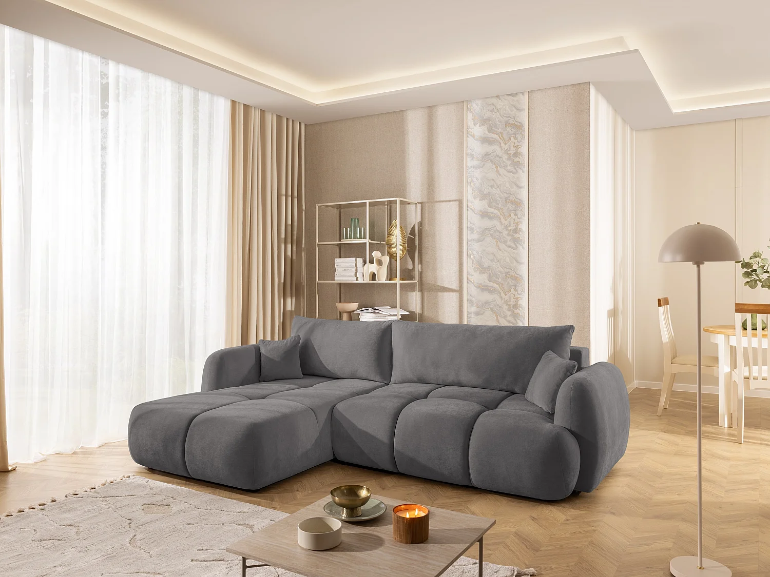 Canapé d’angle avec fonction couchage en tissu tissé LORETTO