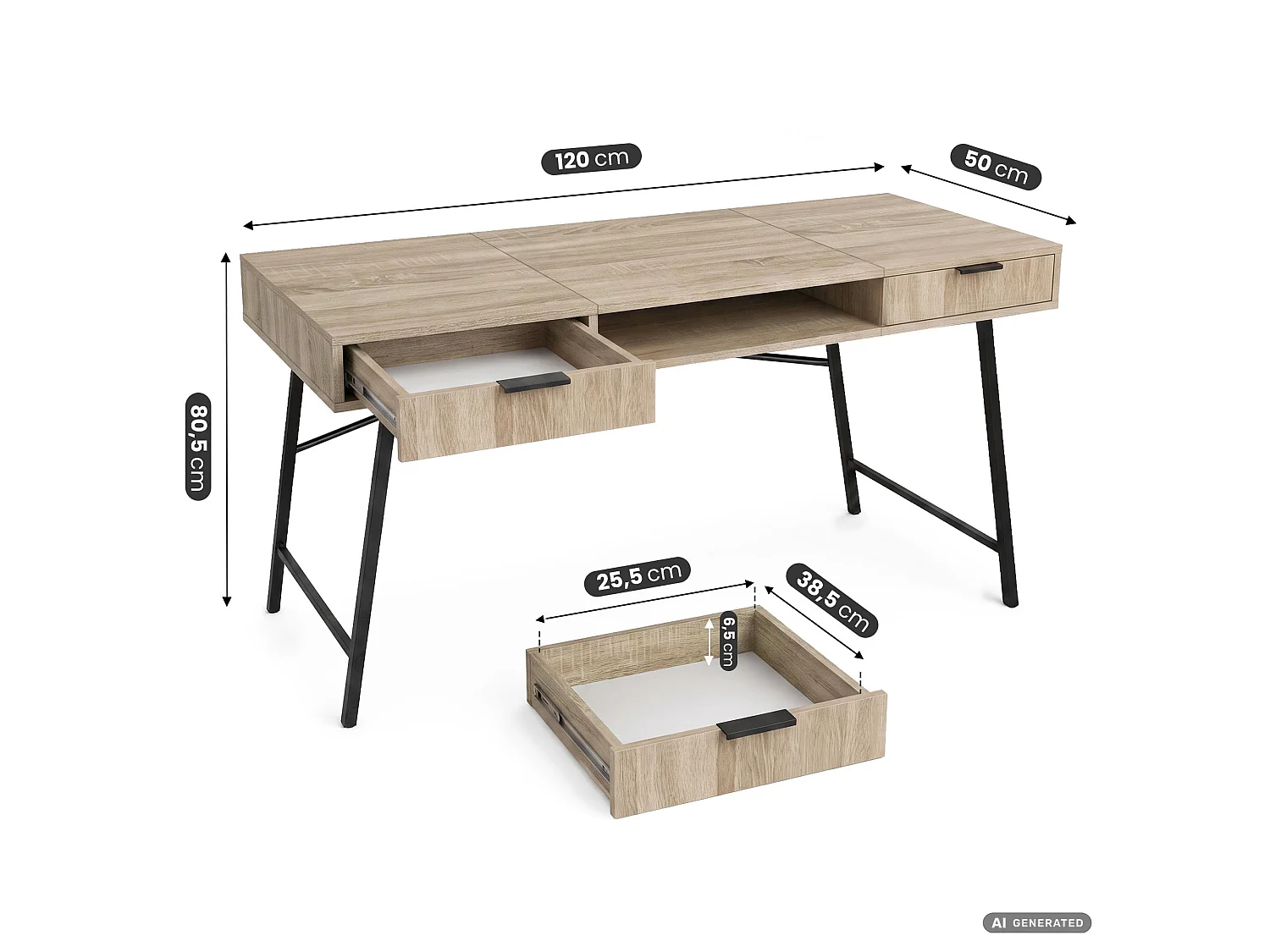 Industrieel computerbureau Sonoma eiken ARDEN 120 cm 2 lades 1 plank Zwarte poten