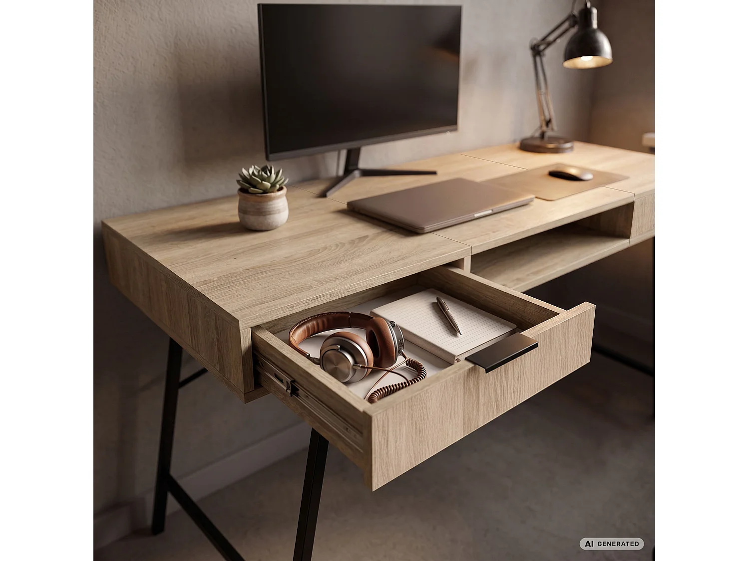 Industrieel computerbureau Sonoma eiken ARDEN 120 cm 2 lades 1 plank Zwarte poten