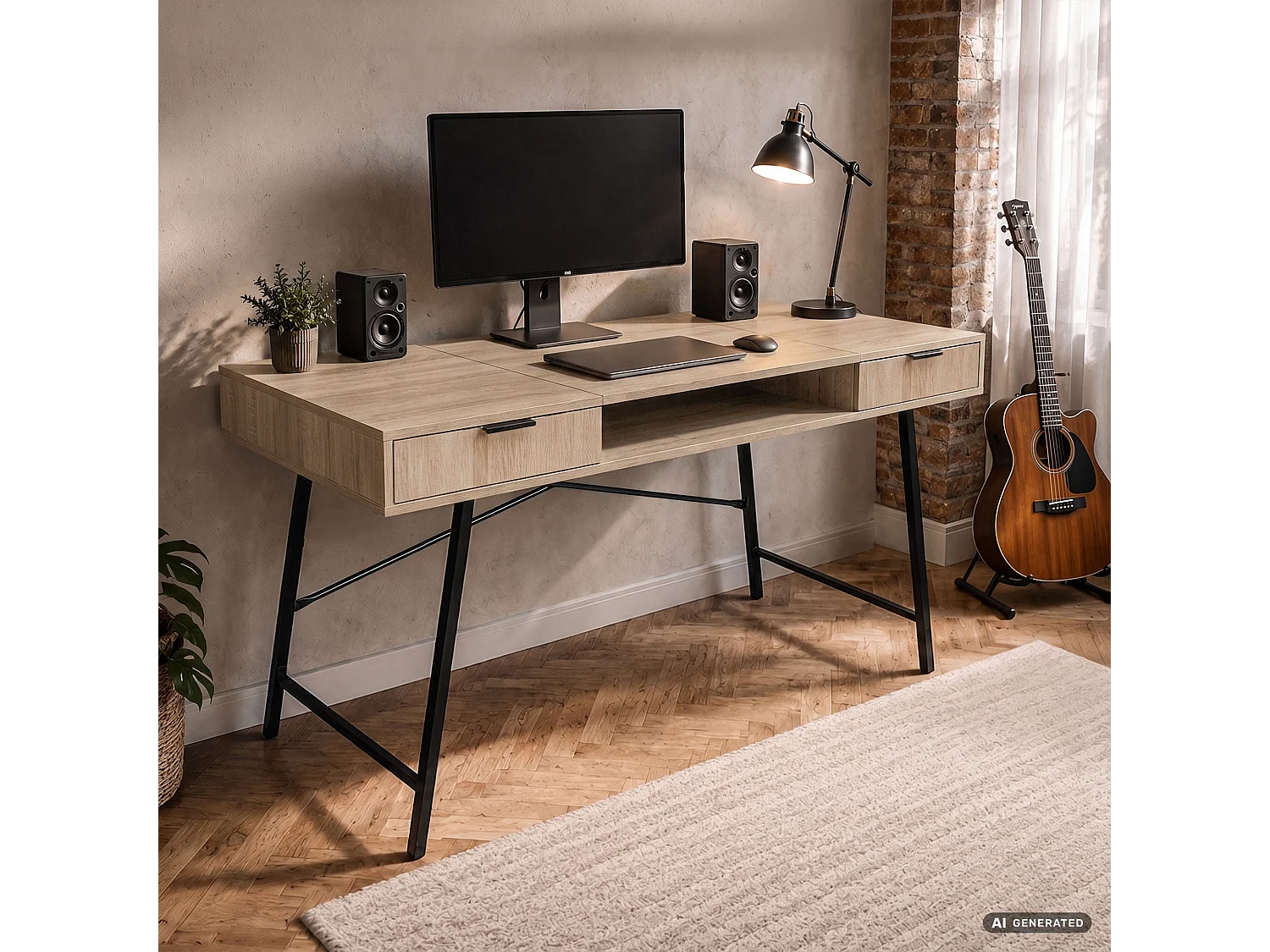 Industrieel computerbureau Sonoma eiken ARDEN 120 cm 2 lades 1 plank Zwarte poten