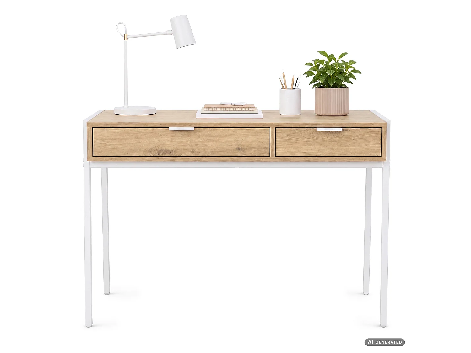 Bureau informatique style industriel Chêne Artisan ZENTIA 100 cm 2 tiroirs pieds blancs