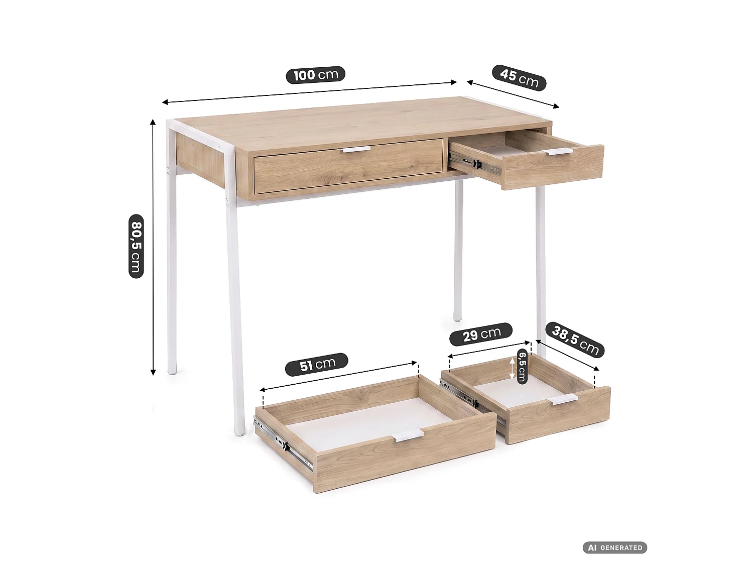 Bureau informatique style industriel Chêne Artisan ZENTIA 100 cm 2 tiroirs pieds blancs