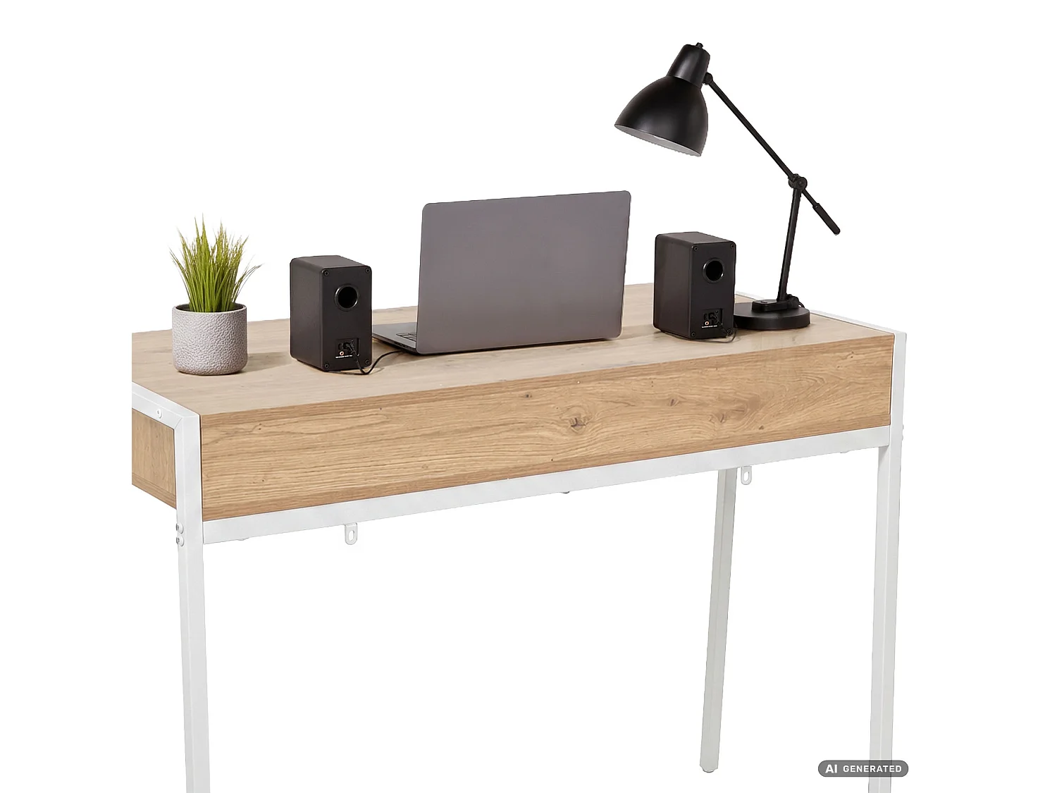 Bureau informatique style industriel Chêne Artisan ZENTIA 100 cm 2 tiroirs pieds blancs