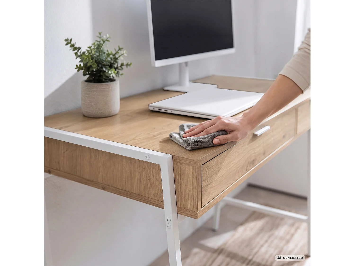 Bureau informatique style industriel Chêne Artisan ZENTIA 100 cm 2 tiroirs pieds blancs