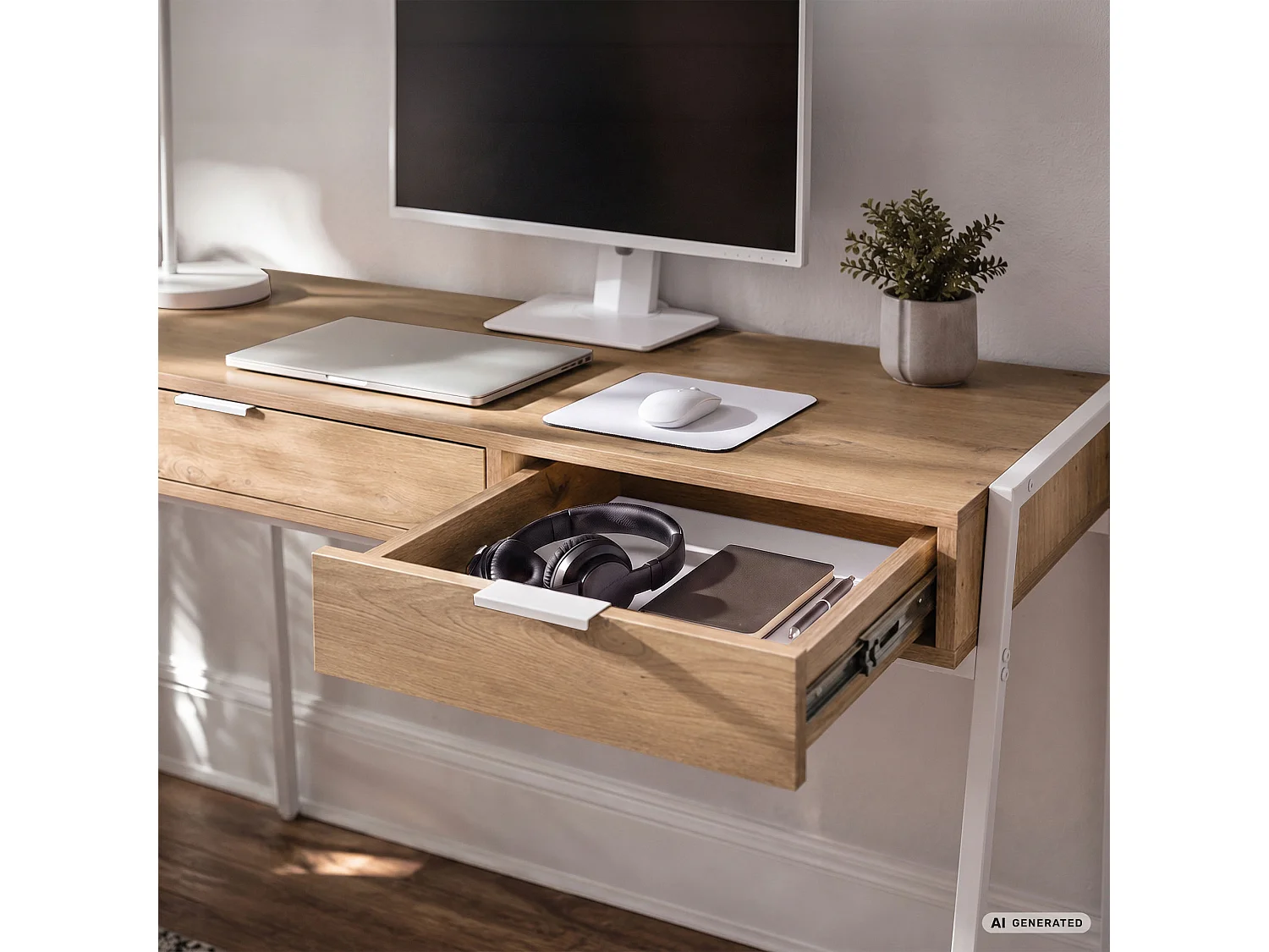 Bureau informatique style industriel Chêne Artisan ZENTIA 100 cm 2 tiroirs pieds blancs