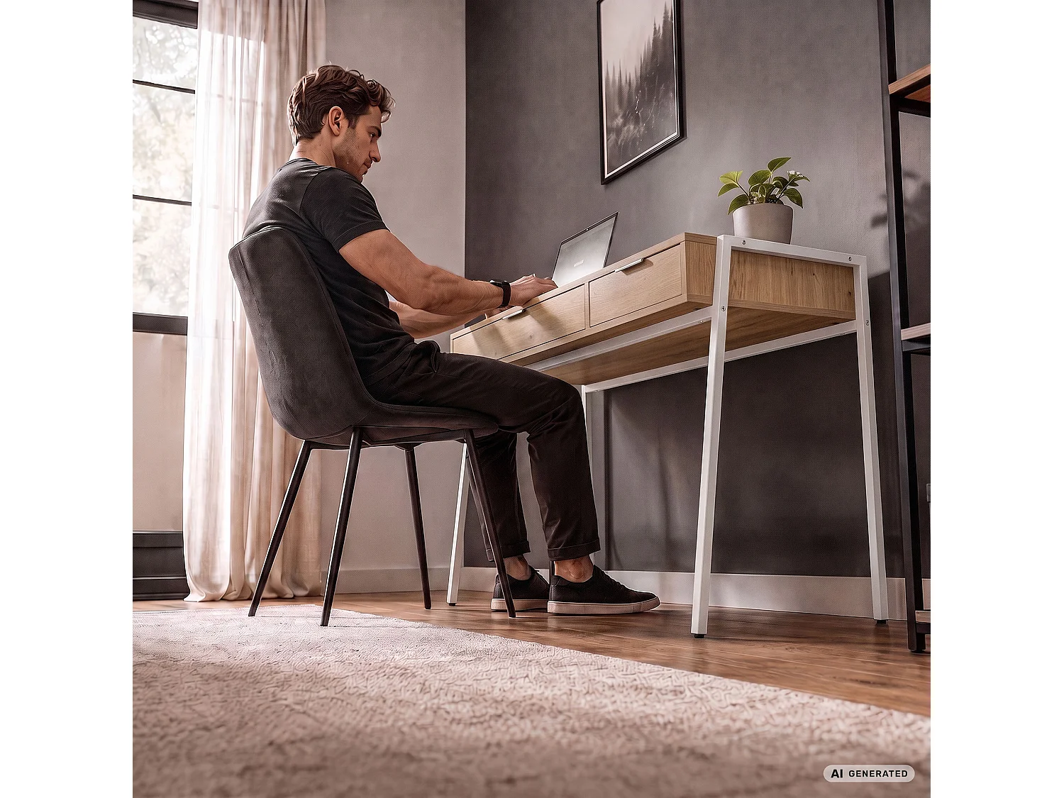 Bureau informatique style industriel Chêne Artisan ZENTIA 100 cm 2 tiroirs pieds blancs