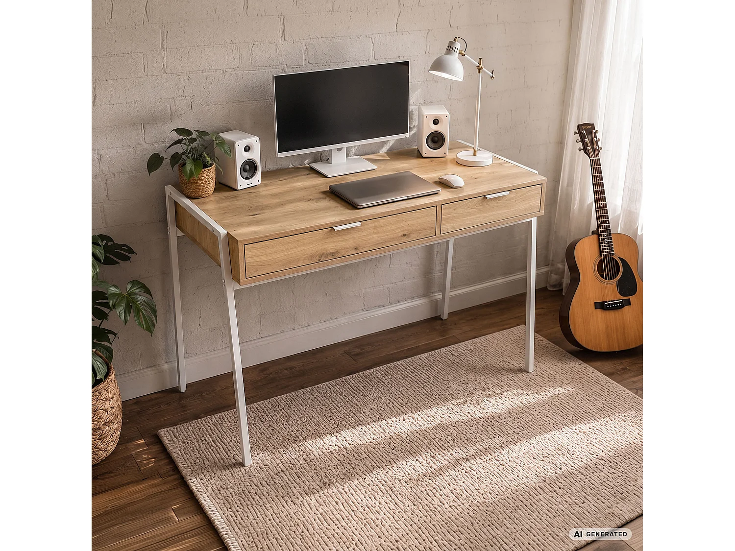 Bureau informatique style industriel Chêne Artisan ZENTIA 100 cm 2 tiroirs pieds blancs