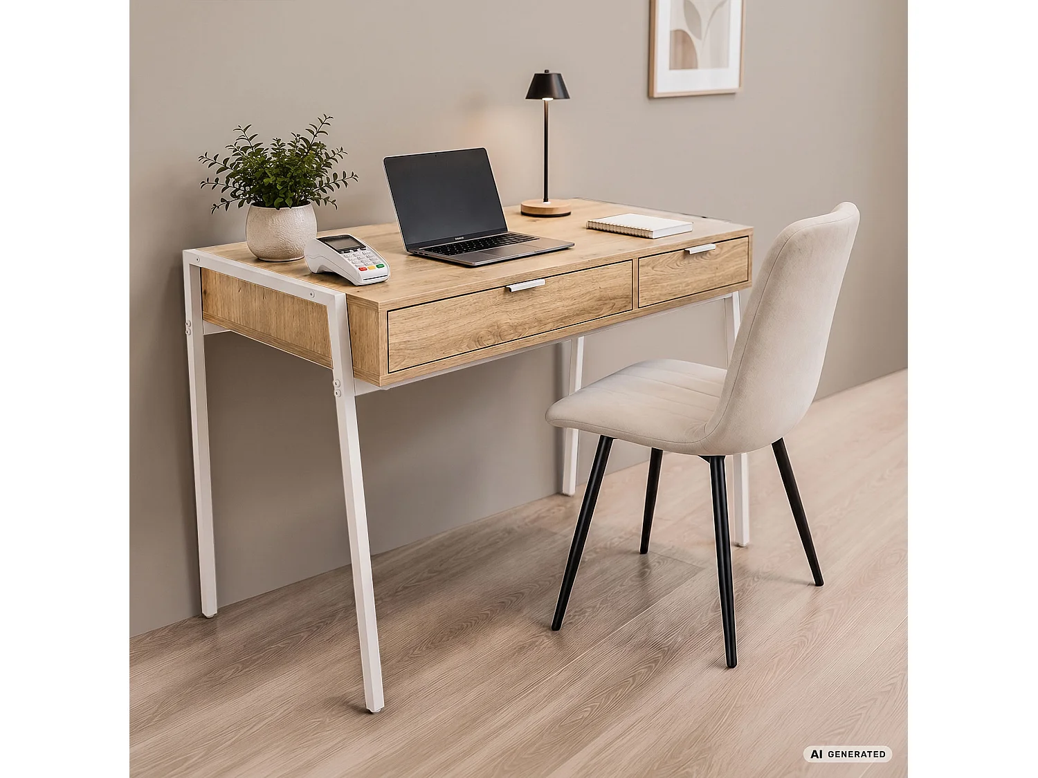 Bureau informatique style industriel Chêne Artisan ZENTIA 100 cm 2 tiroirs pieds blancs