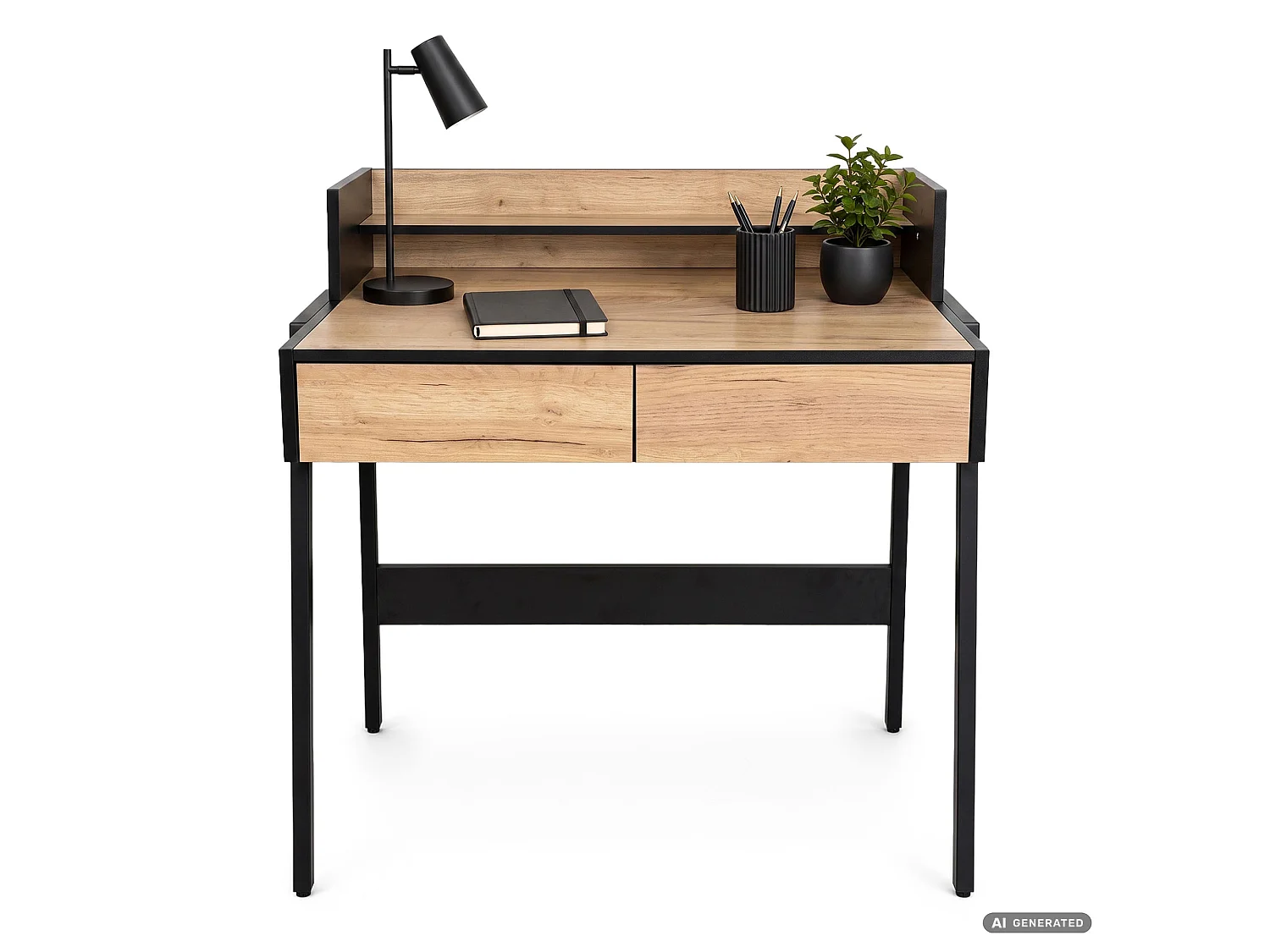 Bureau informatique style industriel Chêne Craft FLUX 78 cm 2 tiroirs 1 étagère pieds noirs