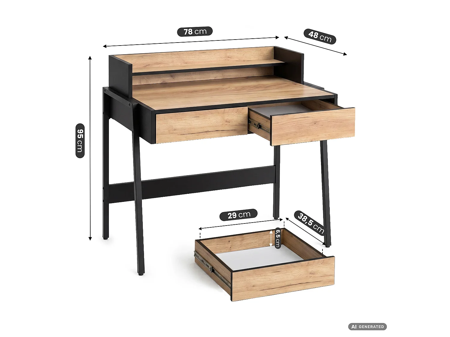 Bureau informatique style industriel Chêne Craft FLUX 78 cm 2 tiroirs 1 étagère pieds noirs