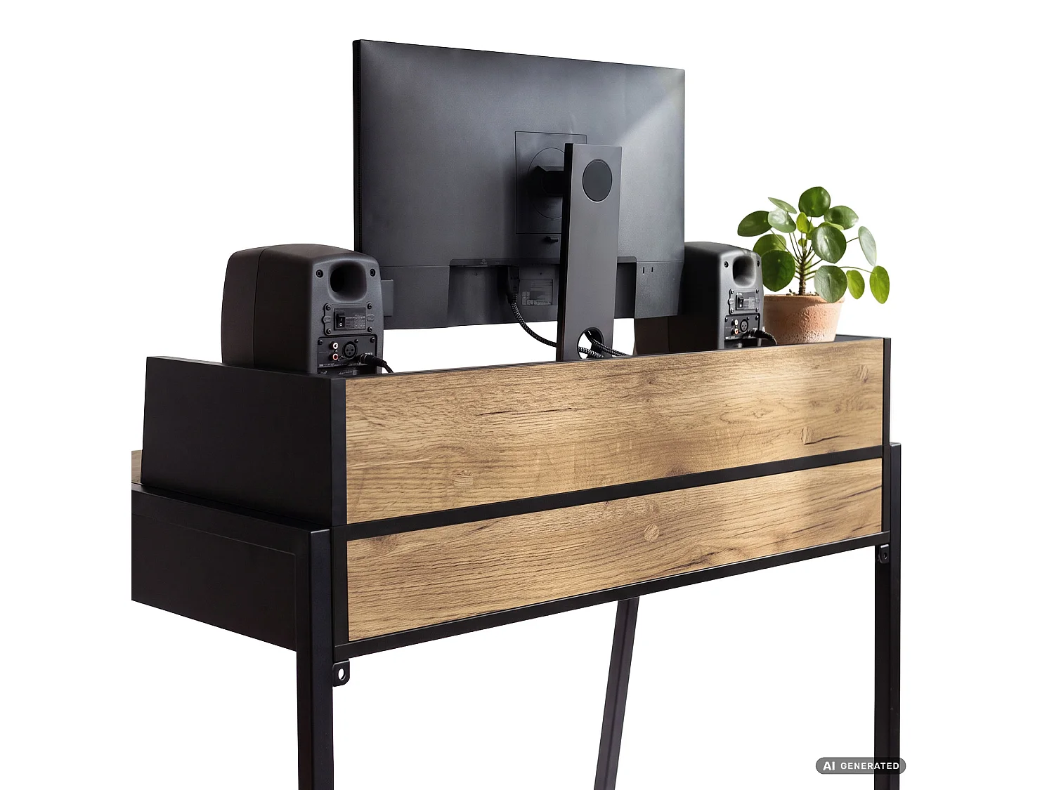 Bureau informatique style industriel Chêne Craft FLUX 78 cm 2 tiroirs 1 étagère pieds noirs