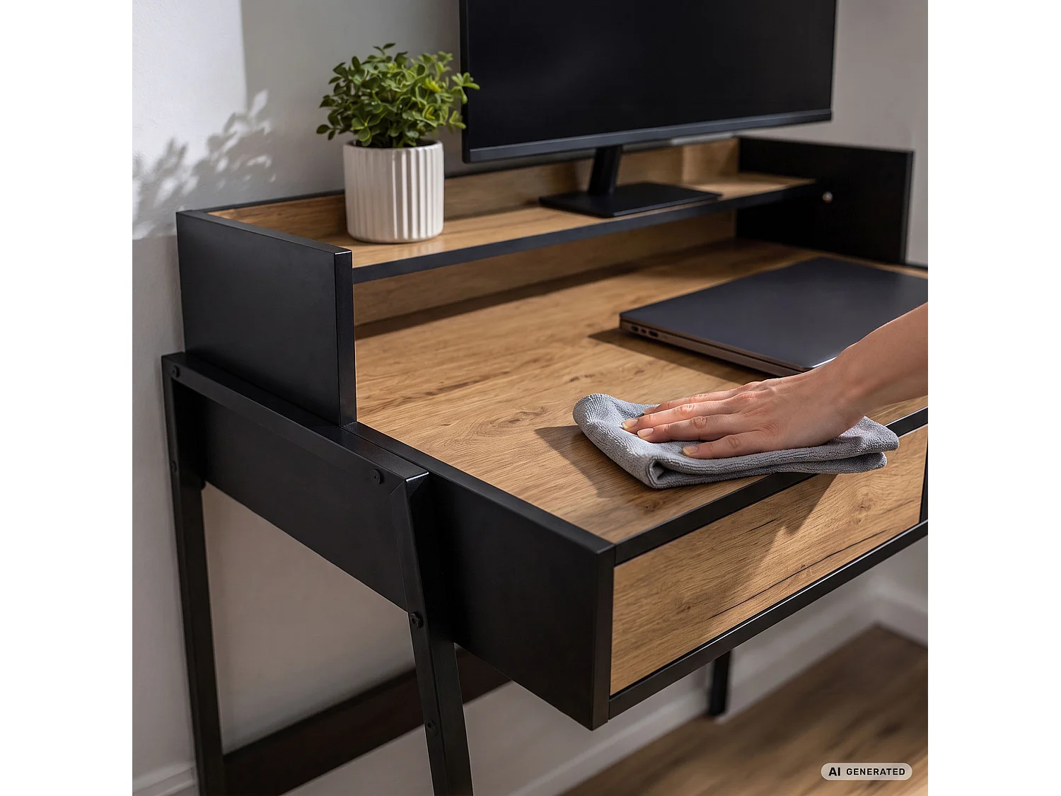 Bureau informatique style industriel Chêne Craft FLUX 78 cm 2 tiroirs 1 étagère pieds noirs
