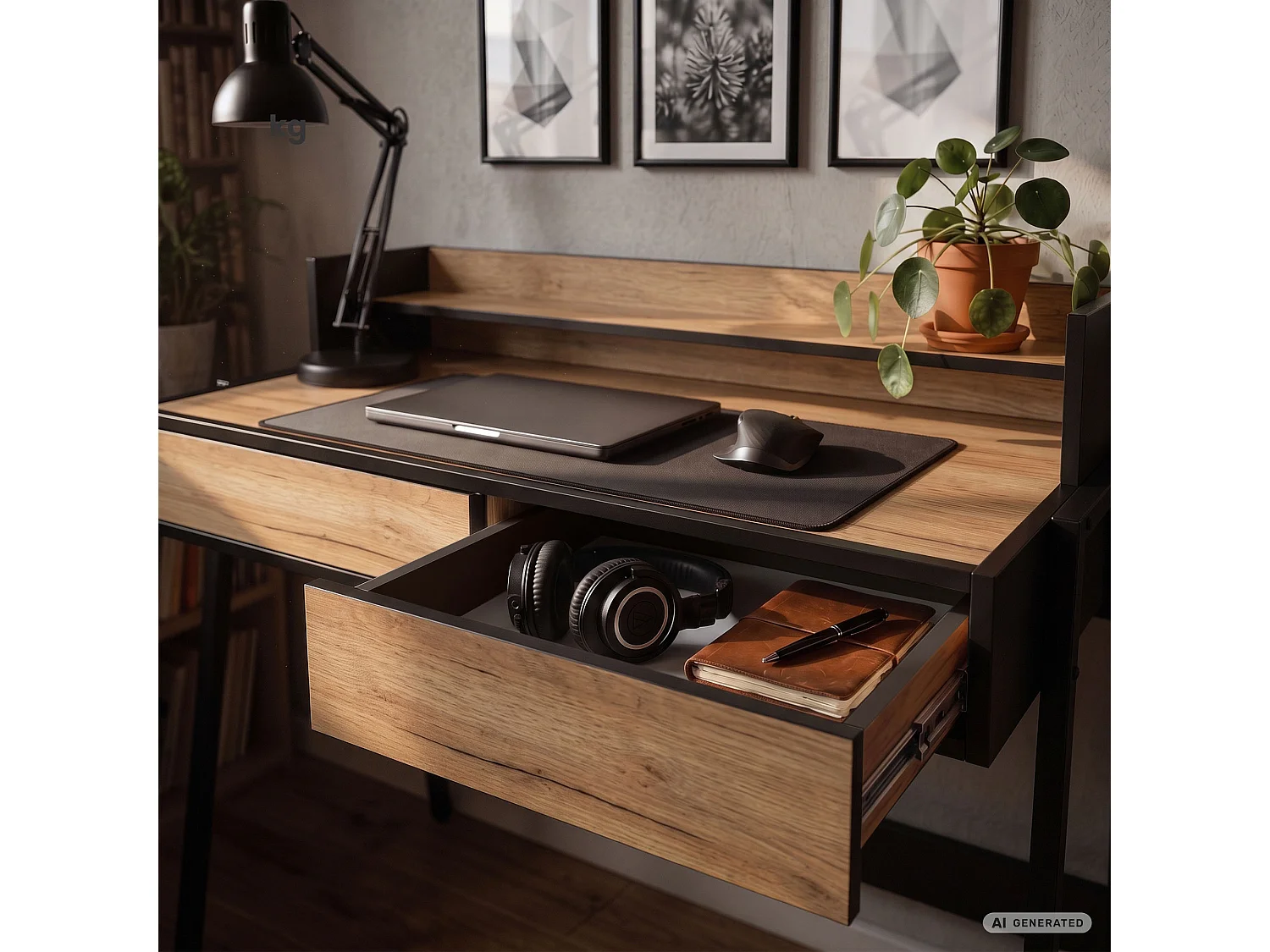 Bureau informatique style industriel Chêne Craft FLUX 78 cm 2 tiroirs 1 étagère pieds noirs