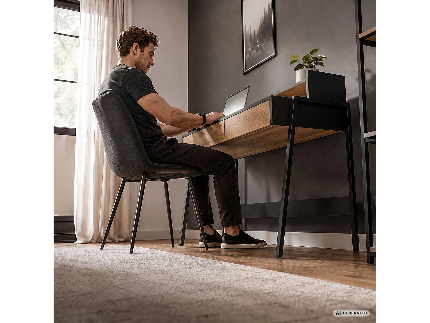 Bureau informatique style industriel Chêne Craft FLUX 78 cm 2 tiroirs 1 étagère pieds noirs