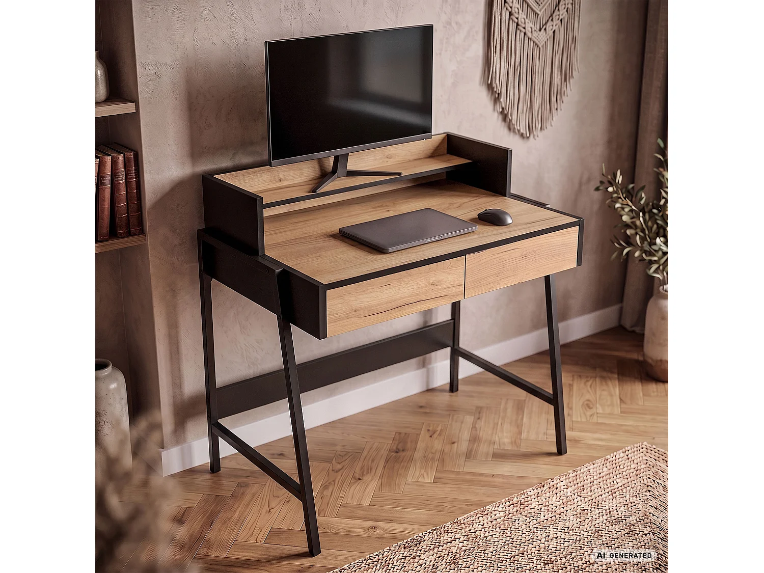 Bureau informatique style industriel Chêne Craft FLUX 78 cm 2 tiroirs 1 étagère pieds noirs