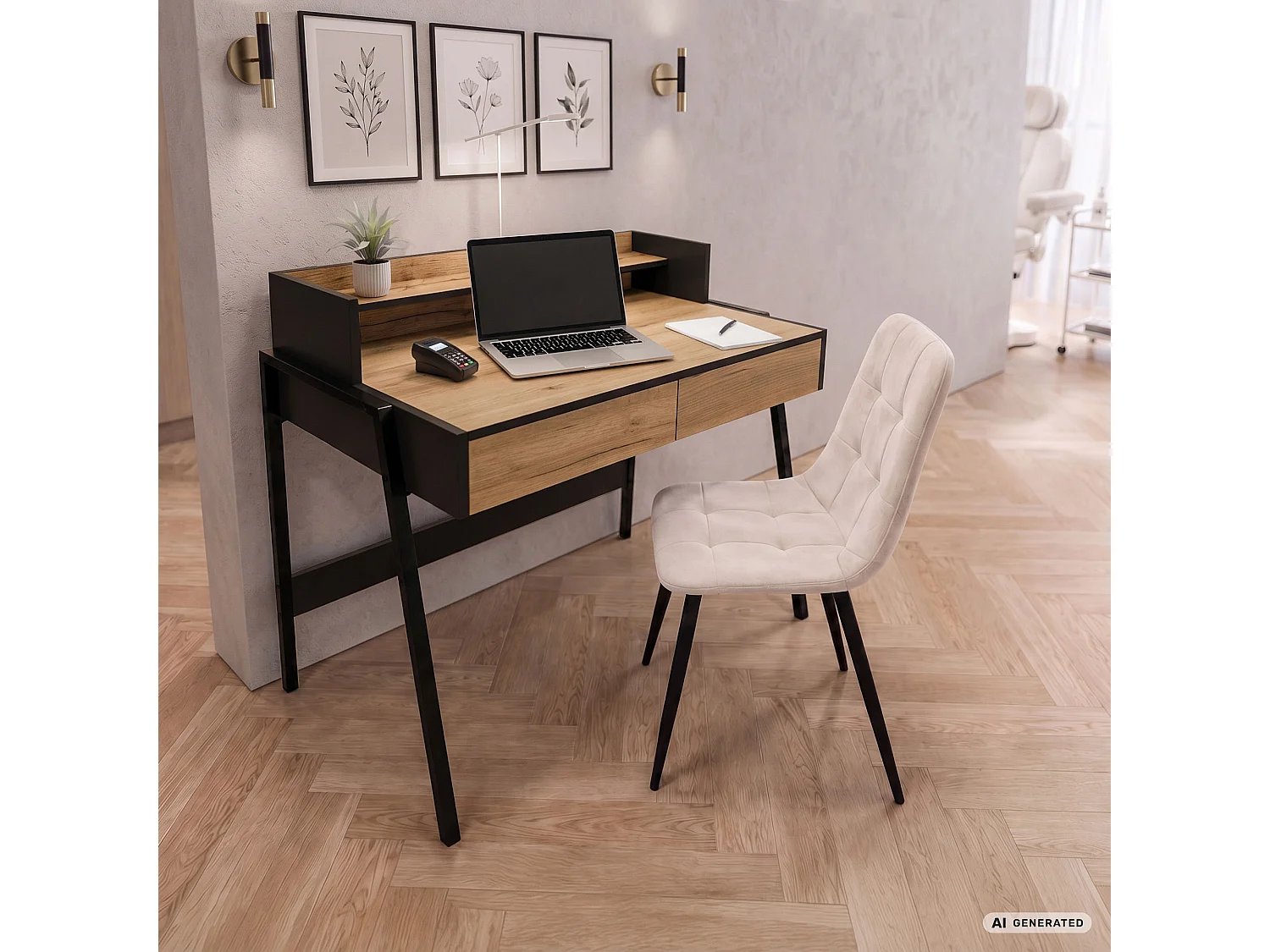 Bureau informatique style industriel Chêne Craft FLUX 78 cm 2 tiroirs 1 étagère pieds noirs