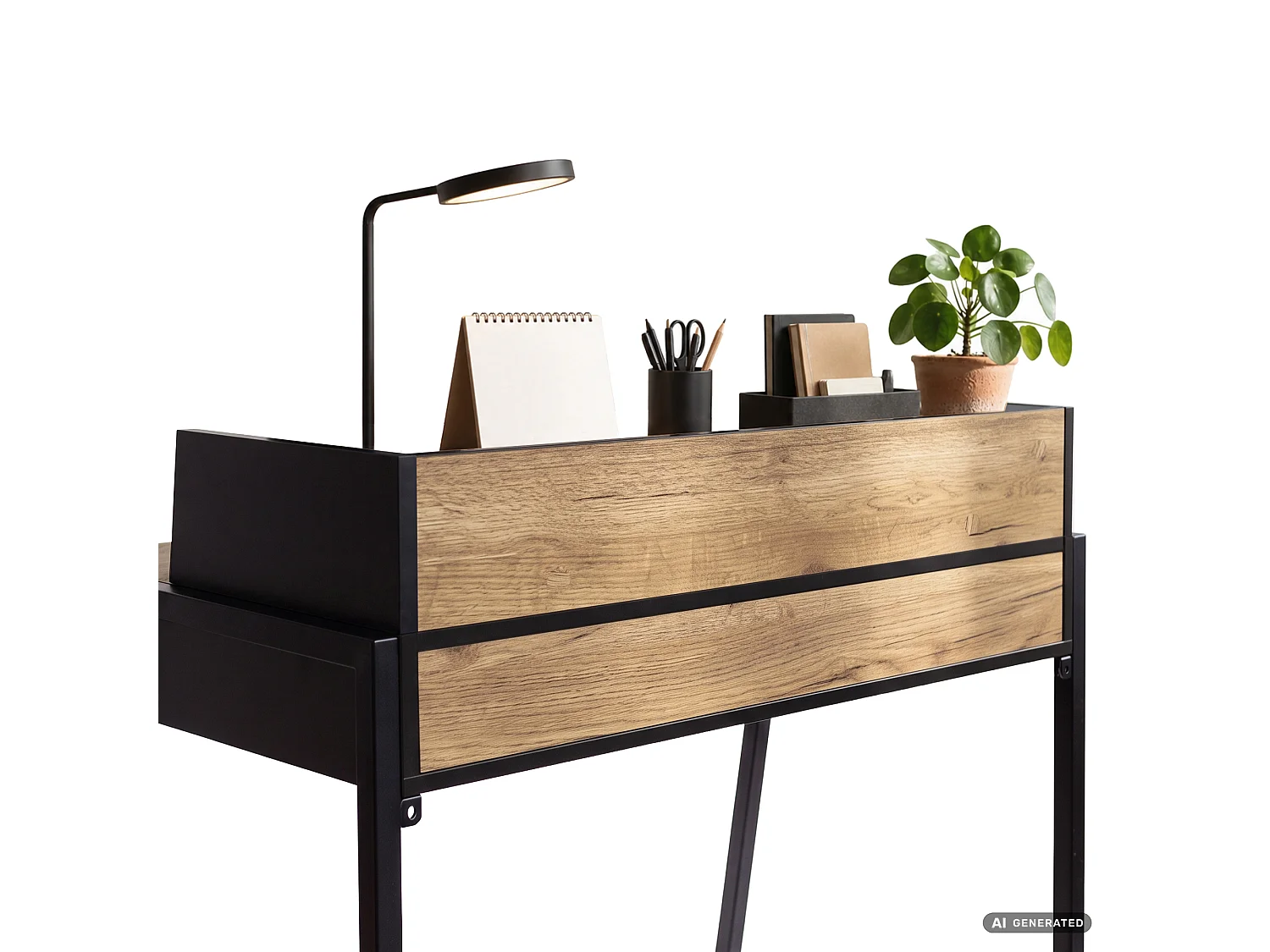 Escritorio industrial para ordenador Roble Craft FLUX 78 cm 2 cajones 1 estante patas negras