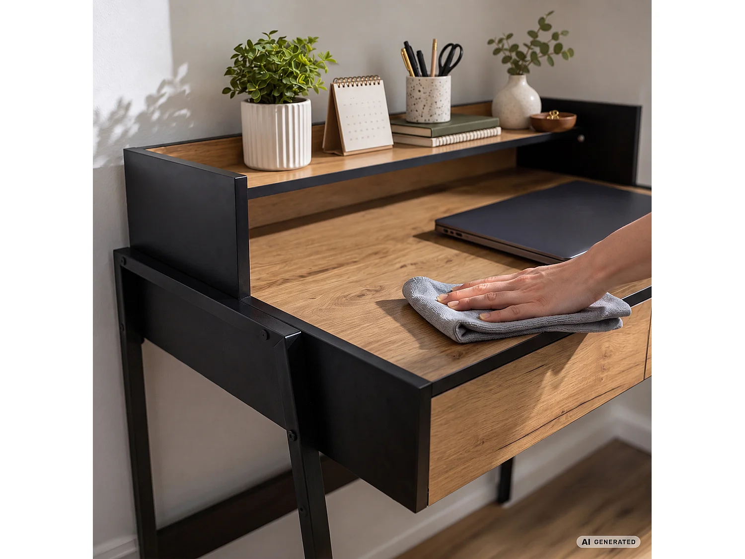 Escritorio industrial para ordenador Roble Craft FLUX 78 cm 2 cajones 1 estante patas negras