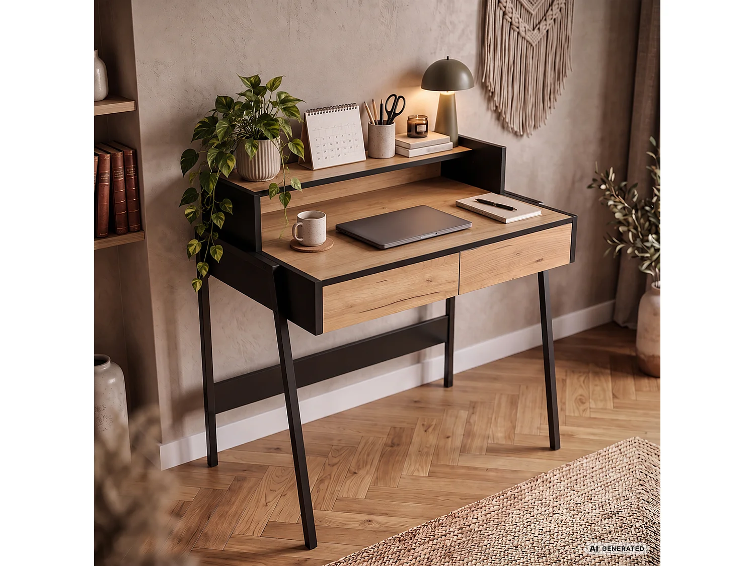Escritorio industrial para ordenador Roble Craft FLUX 78 cm 2 cajones 1 estante patas negras