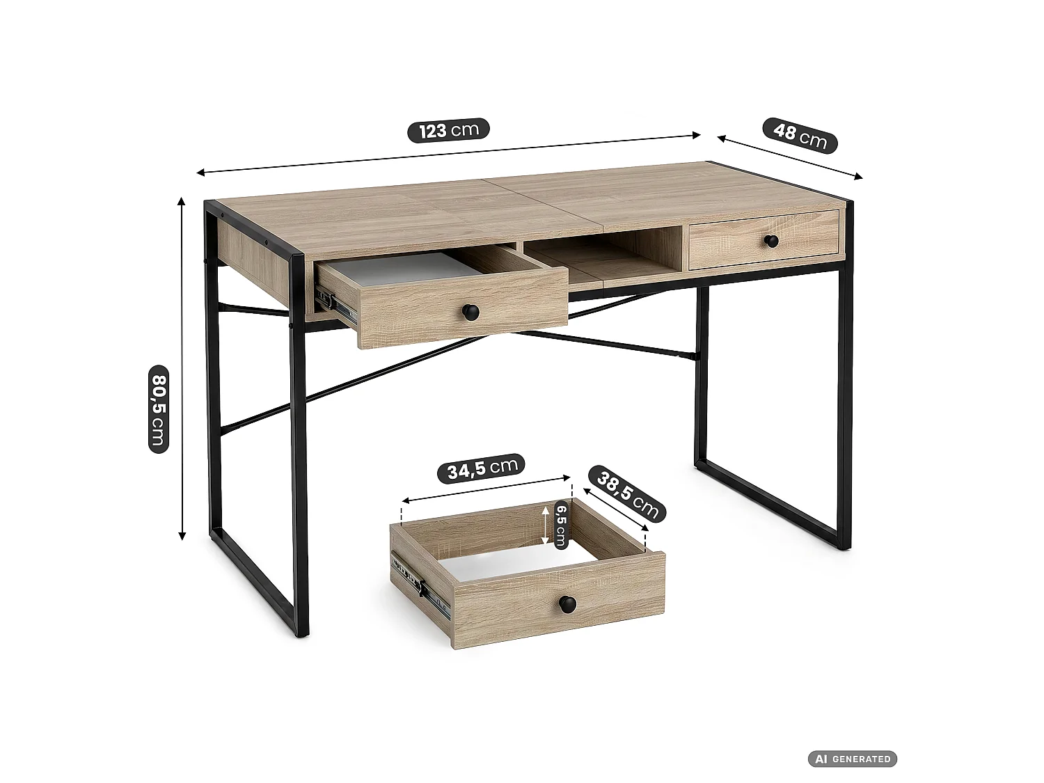 Industrieel computerbureau Sonoma eiken ELONIS 123 cm 2 lades 1 plank Zwarte poten