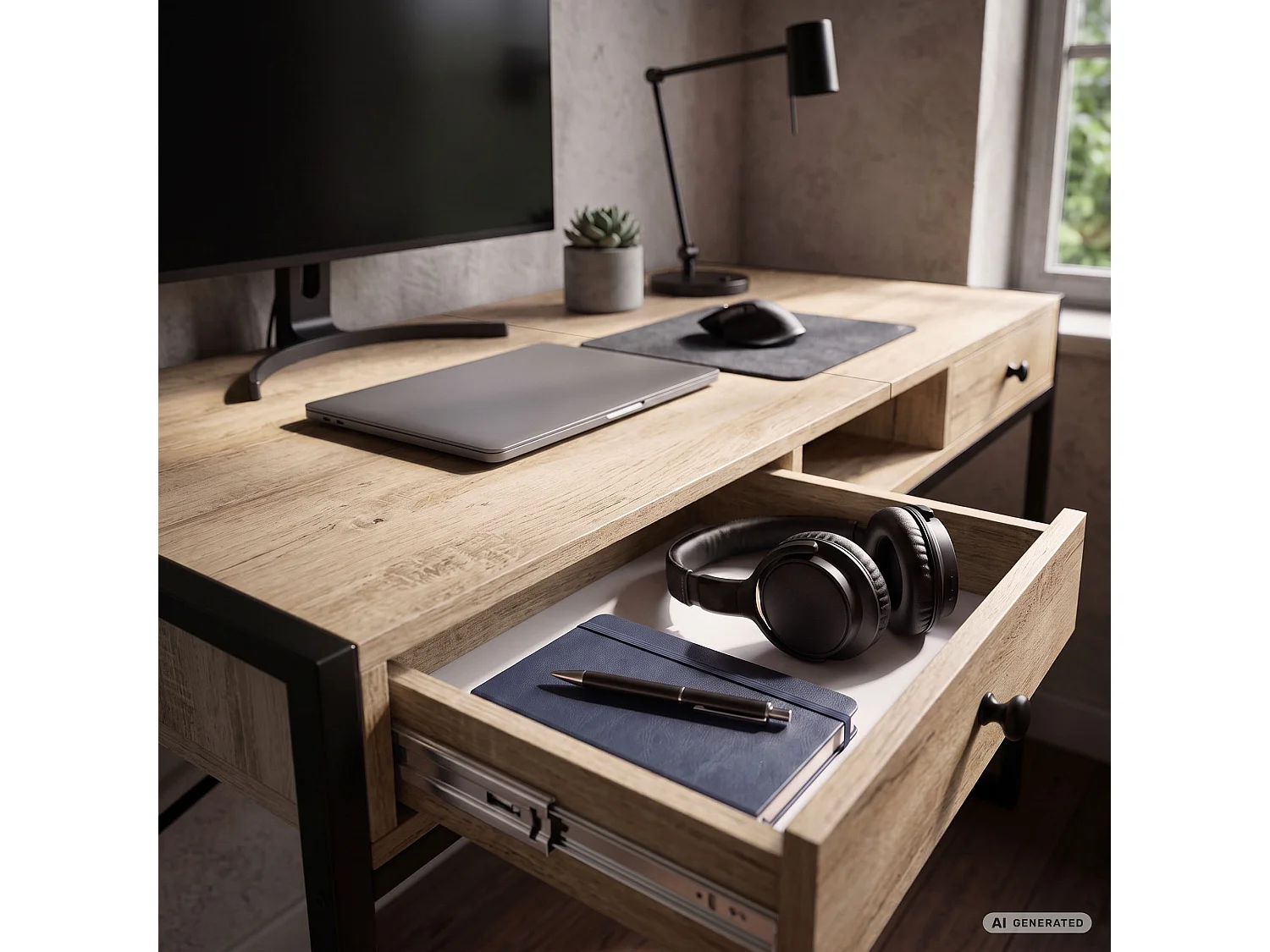 Industrieel computerbureau Sonoma eiken ELONIS 123 cm 2 lades 1 plank Zwarte poten