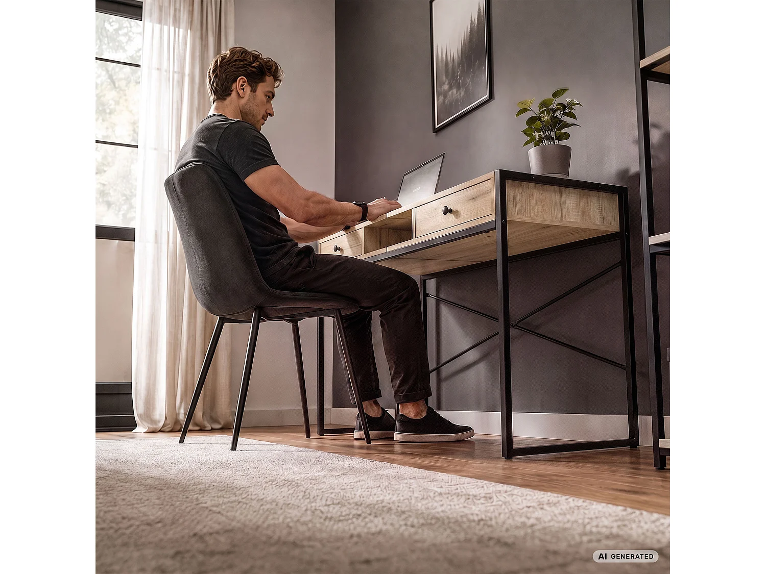 Industrieel computerbureau Sonoma eiken ELONIS 123 cm 2 lades 1 plank Zwarte poten