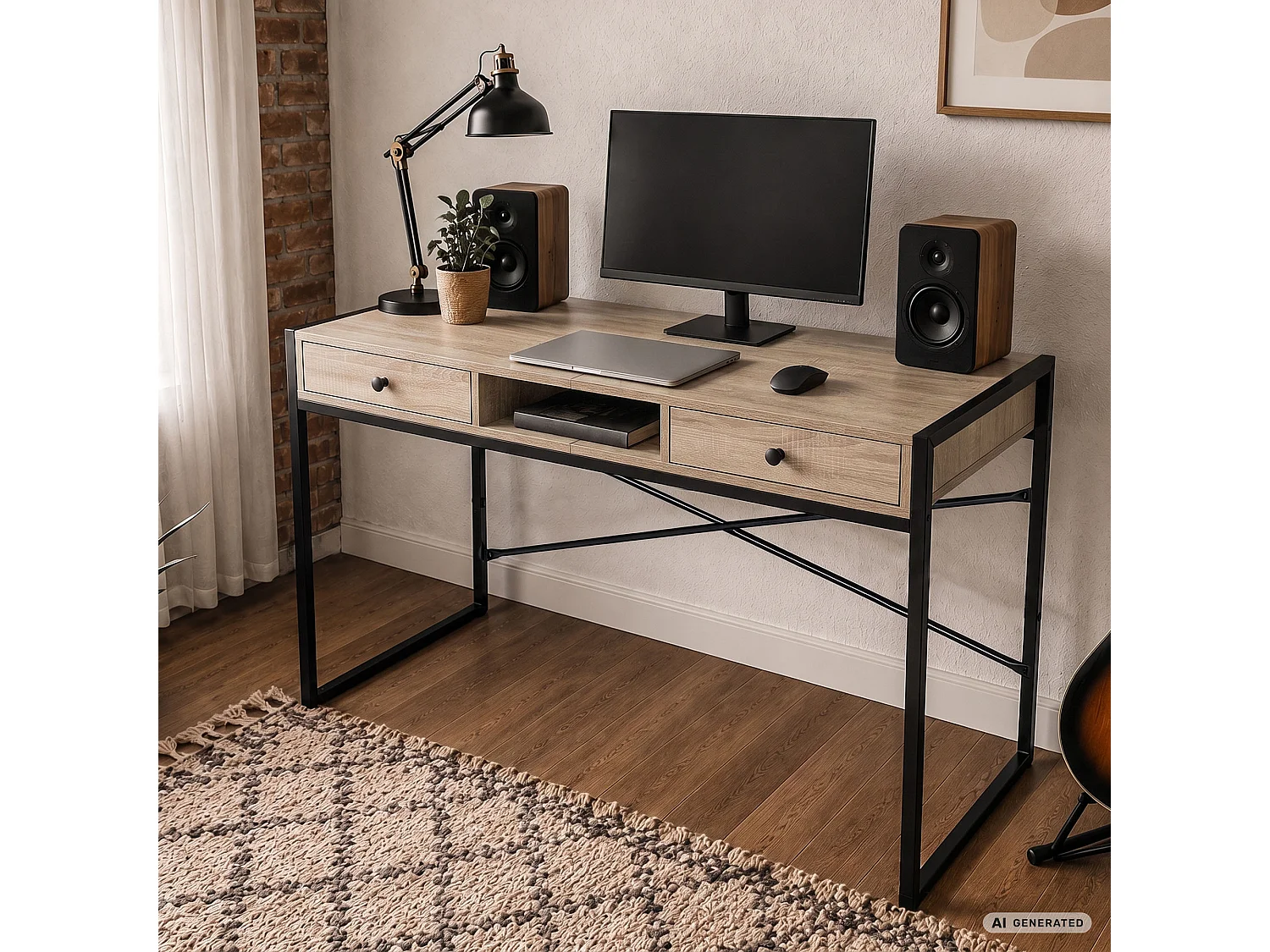 Industrieel computerbureau Sonoma eiken ELONIS 123 cm 2 lades 1 plank Zwarte poten