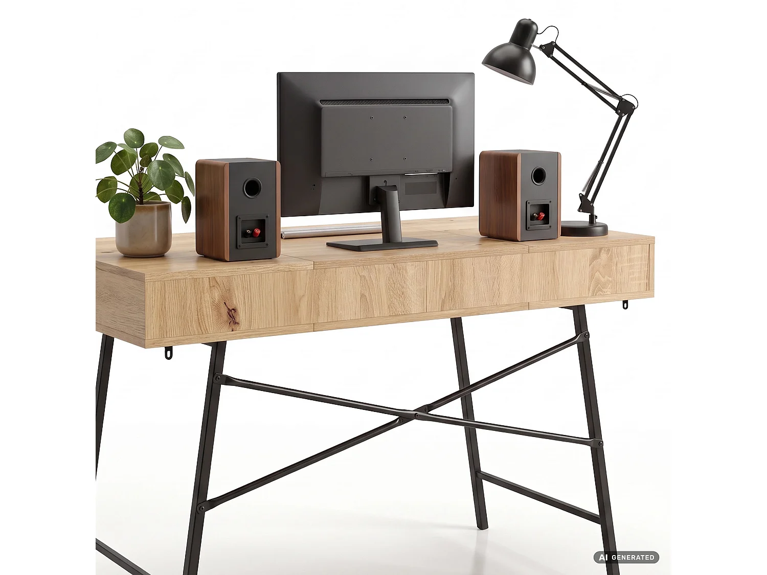 Secretária industrial para computador Carvalho Artisan ARDEN 120 cm 2 gavetas 1 prateleira pés pretos